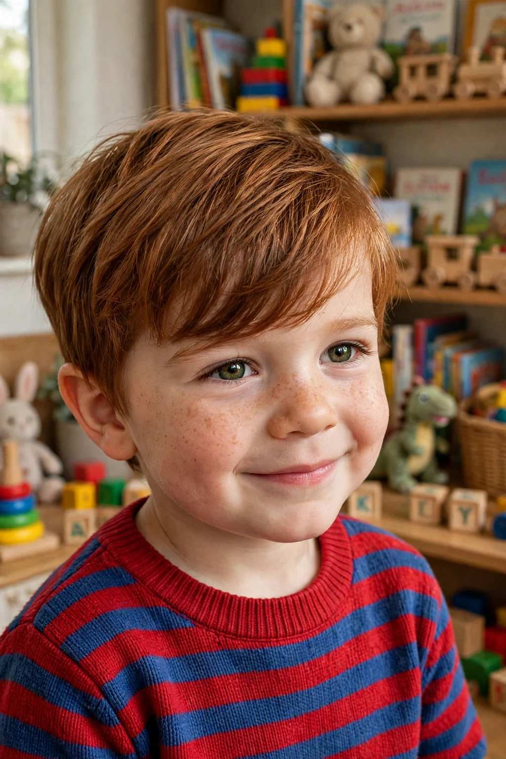 A sweet three-year-old toddler boy with a side-swept fringe haircut, wearing a red-and-blue striped sweater in a book-filled playroom.