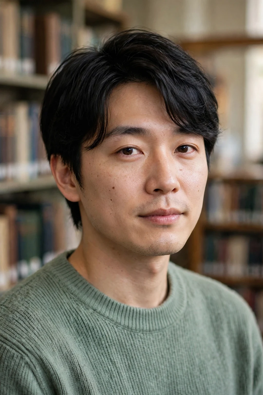A man with a side swept fringe wearing a sage sweater in a library.