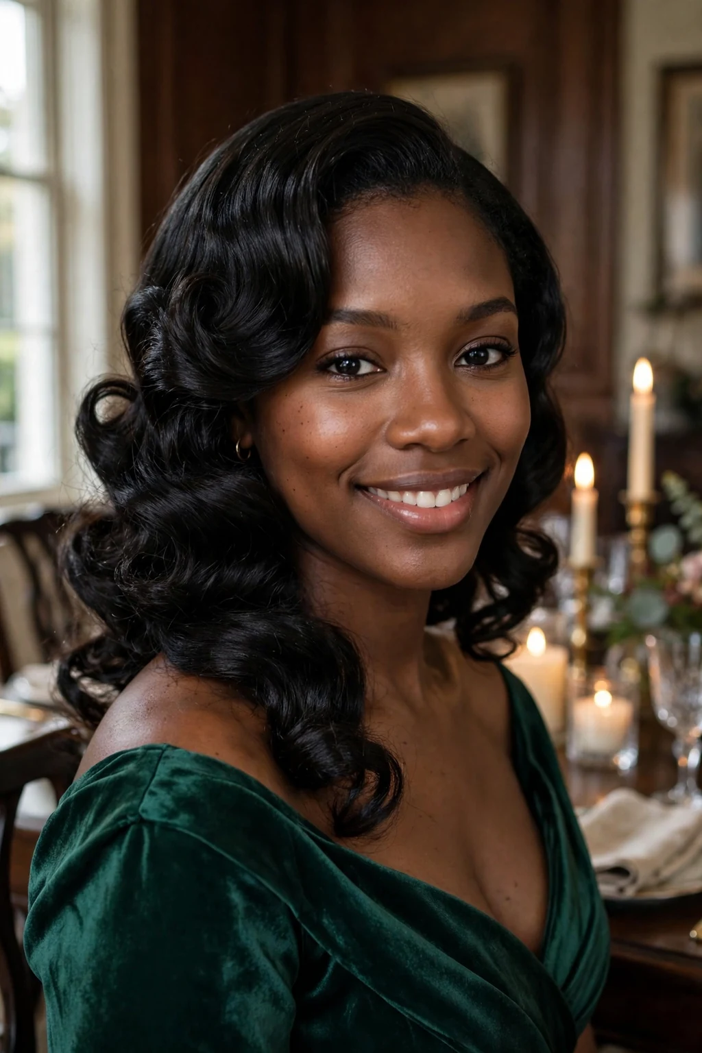 Young woman with side-swept Hollywood curls hairstyle at a formal dinner.