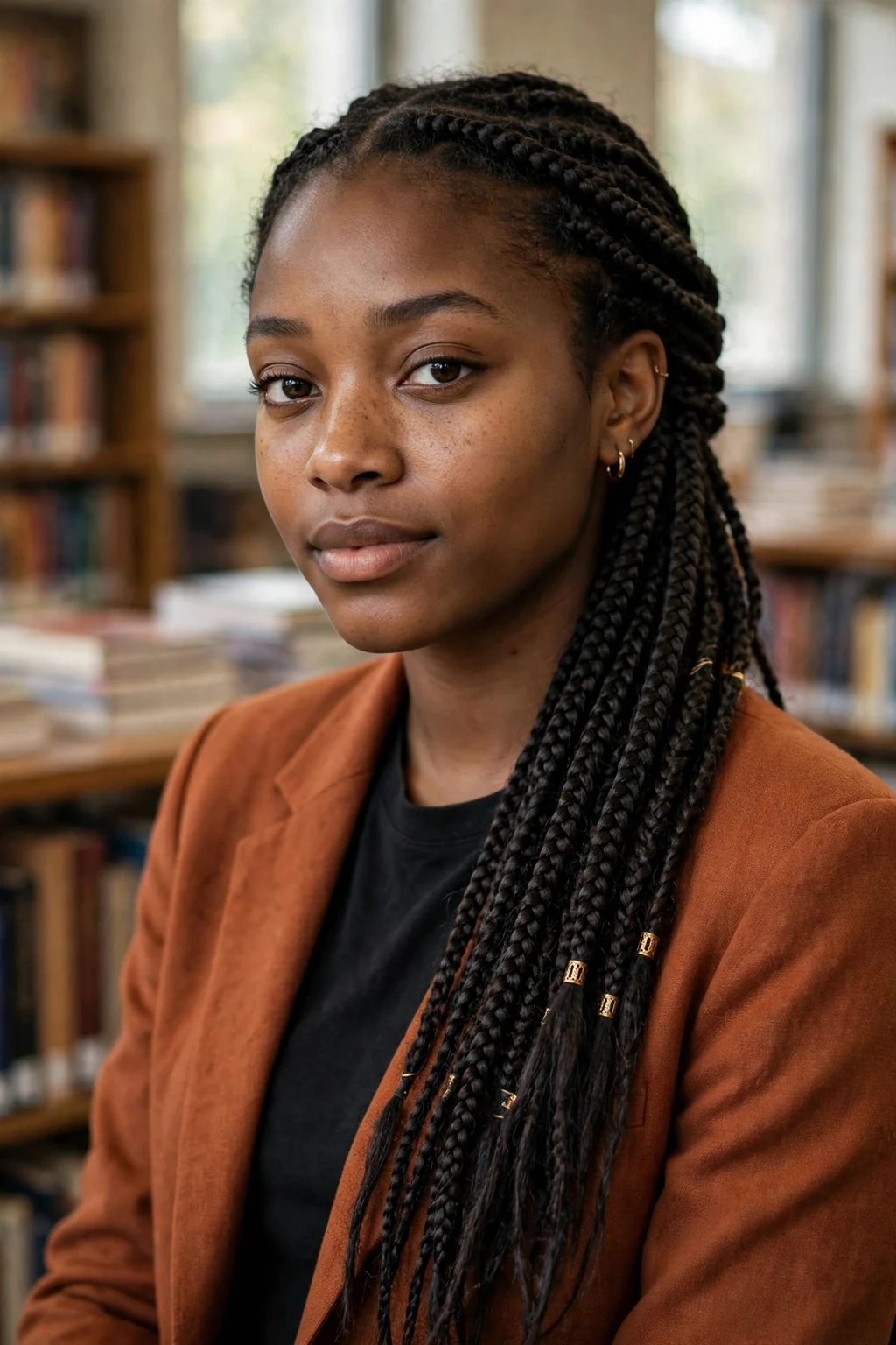 Young woman with side-swept knotless braids over one shoulder, in a library wearing a rust blazer.