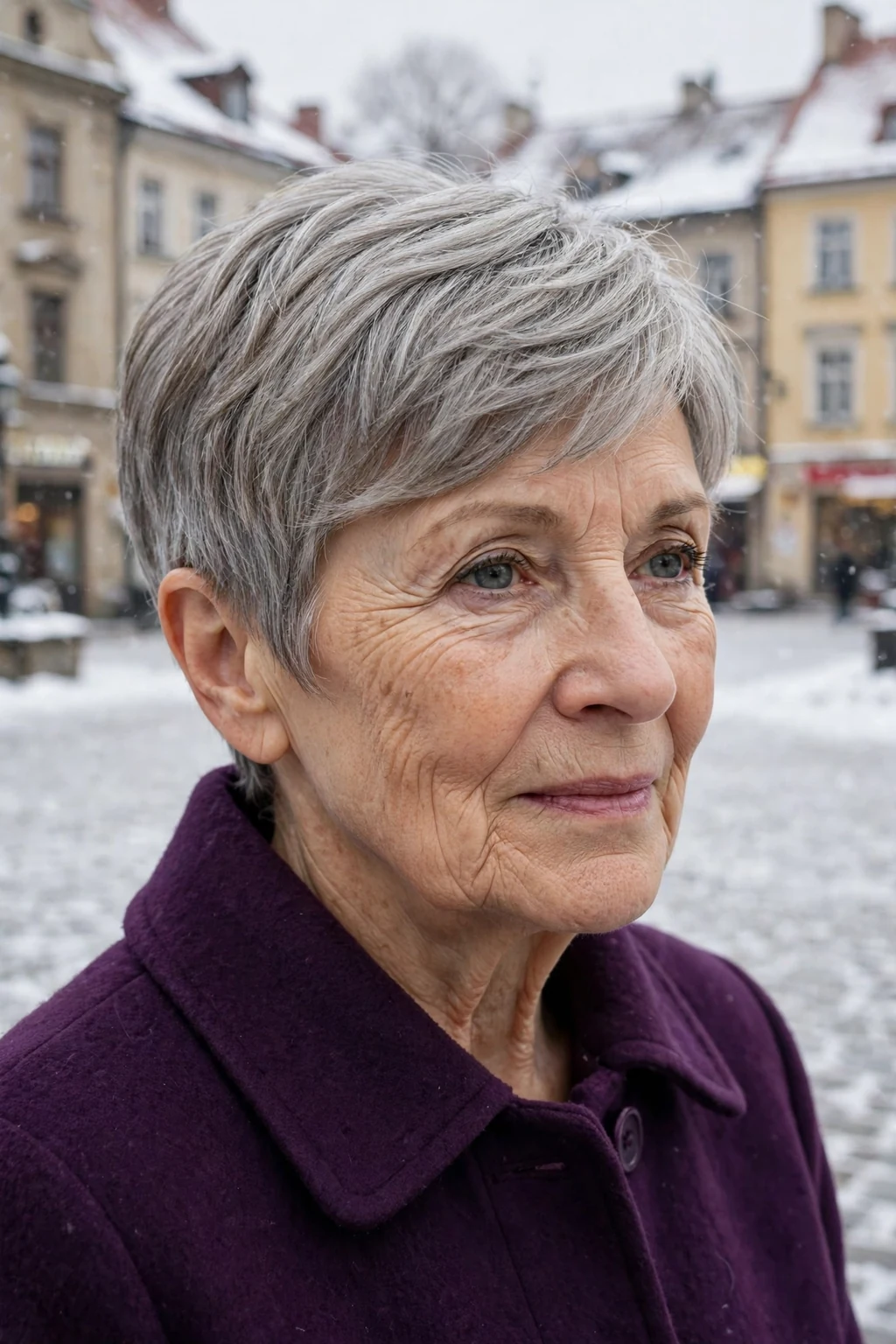 Mature woman with a side-swept pixie short haircut for fine hair, styled with soft volume.