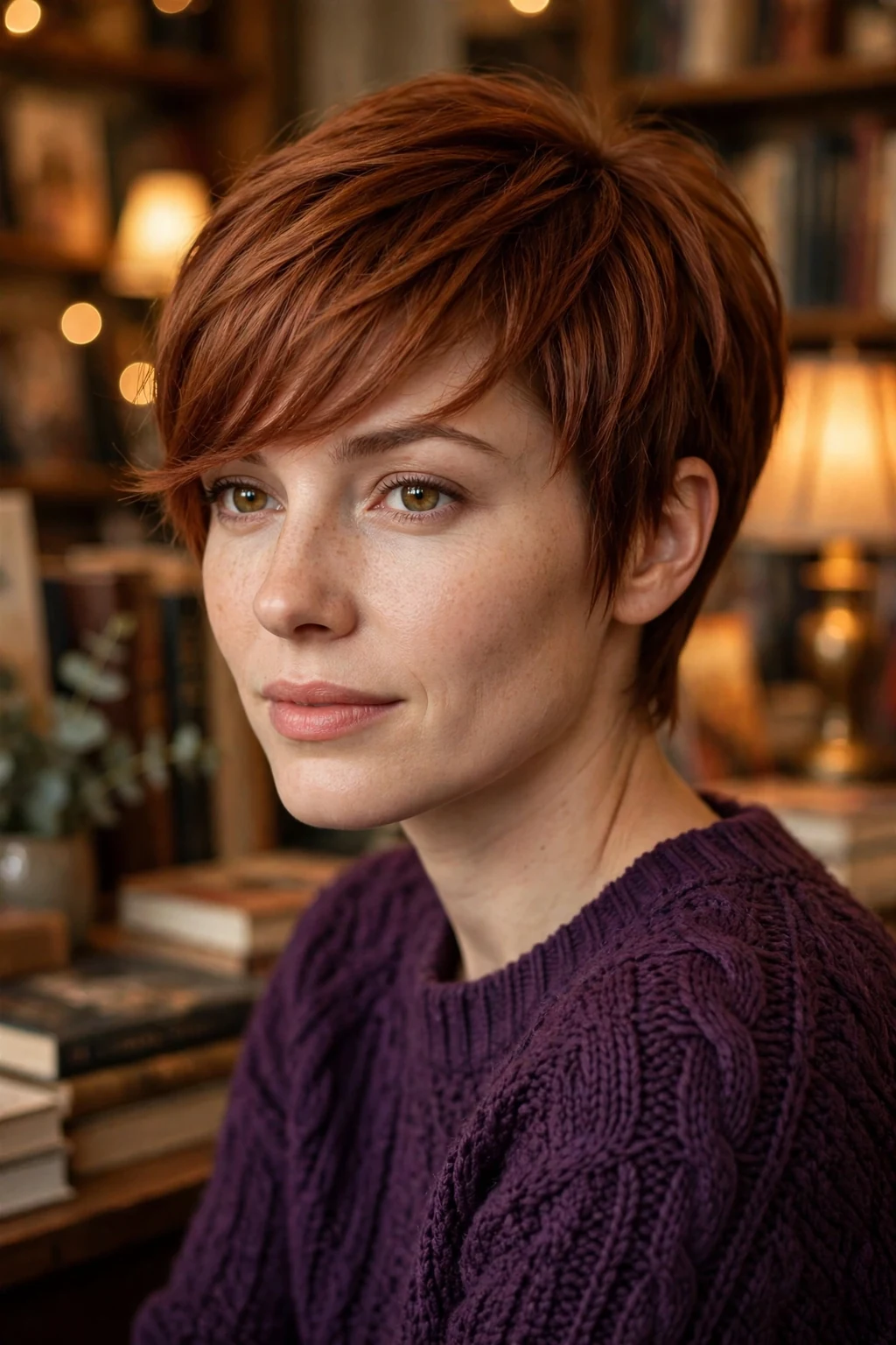 Young woman with a side-swept pixie, long fringe swept to one side, in a bookshop.