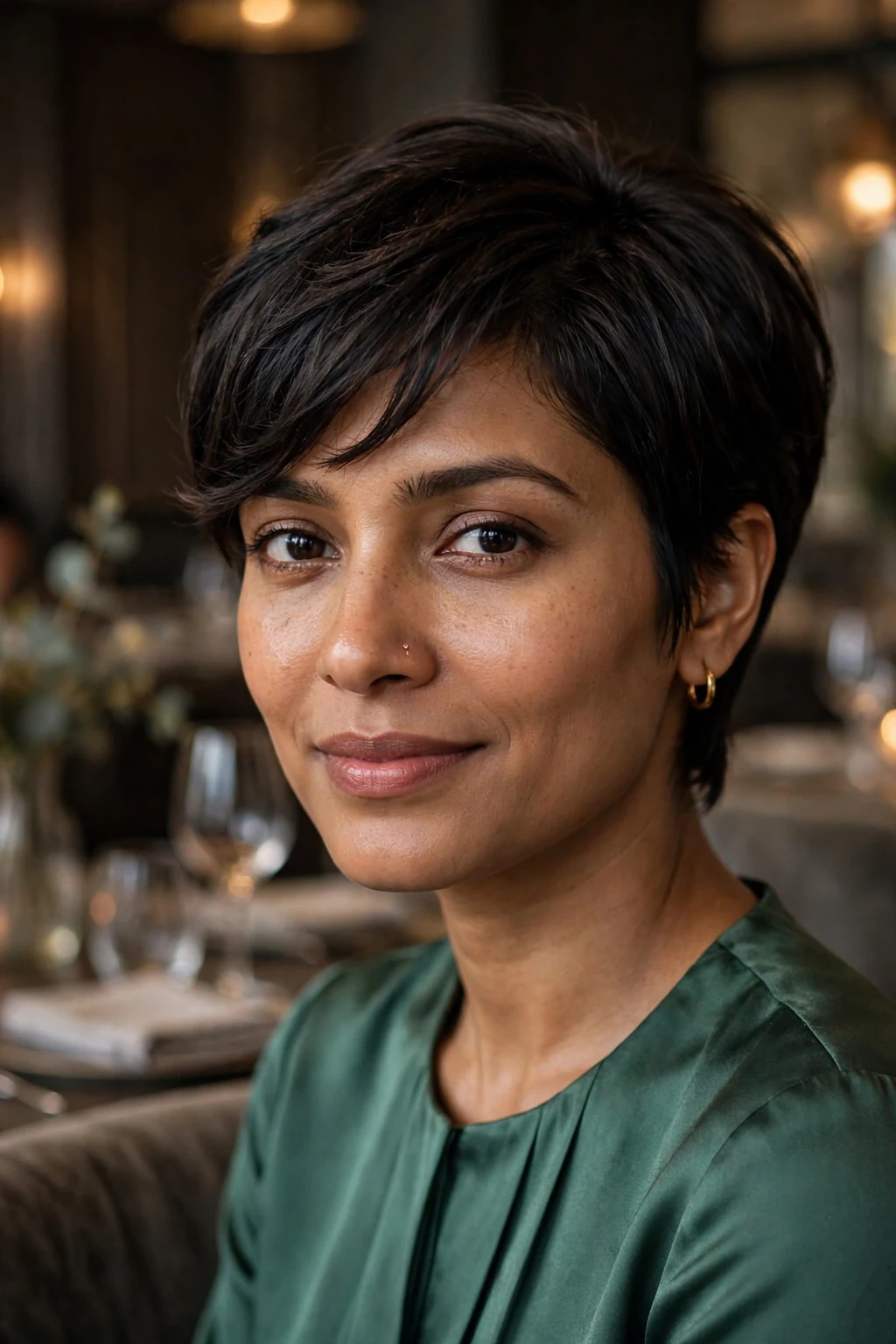 Beautiful woman with side-swept pixie bangs, elegant side-swept pixie, graceful light.