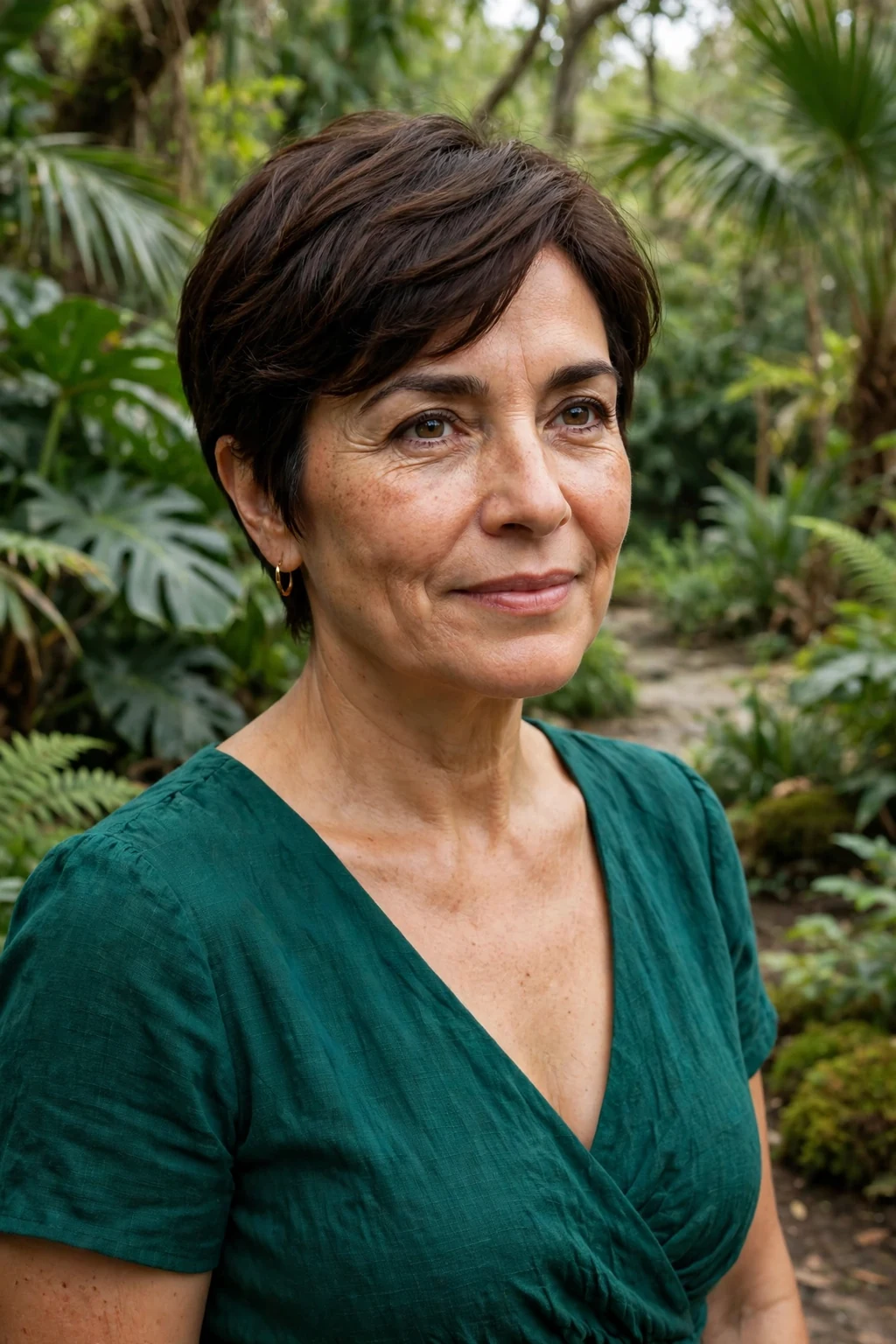 A Hispanic woman in her mid fifties with a side-swept pixie haircut, wearing an emerald dress in a botanical garden.