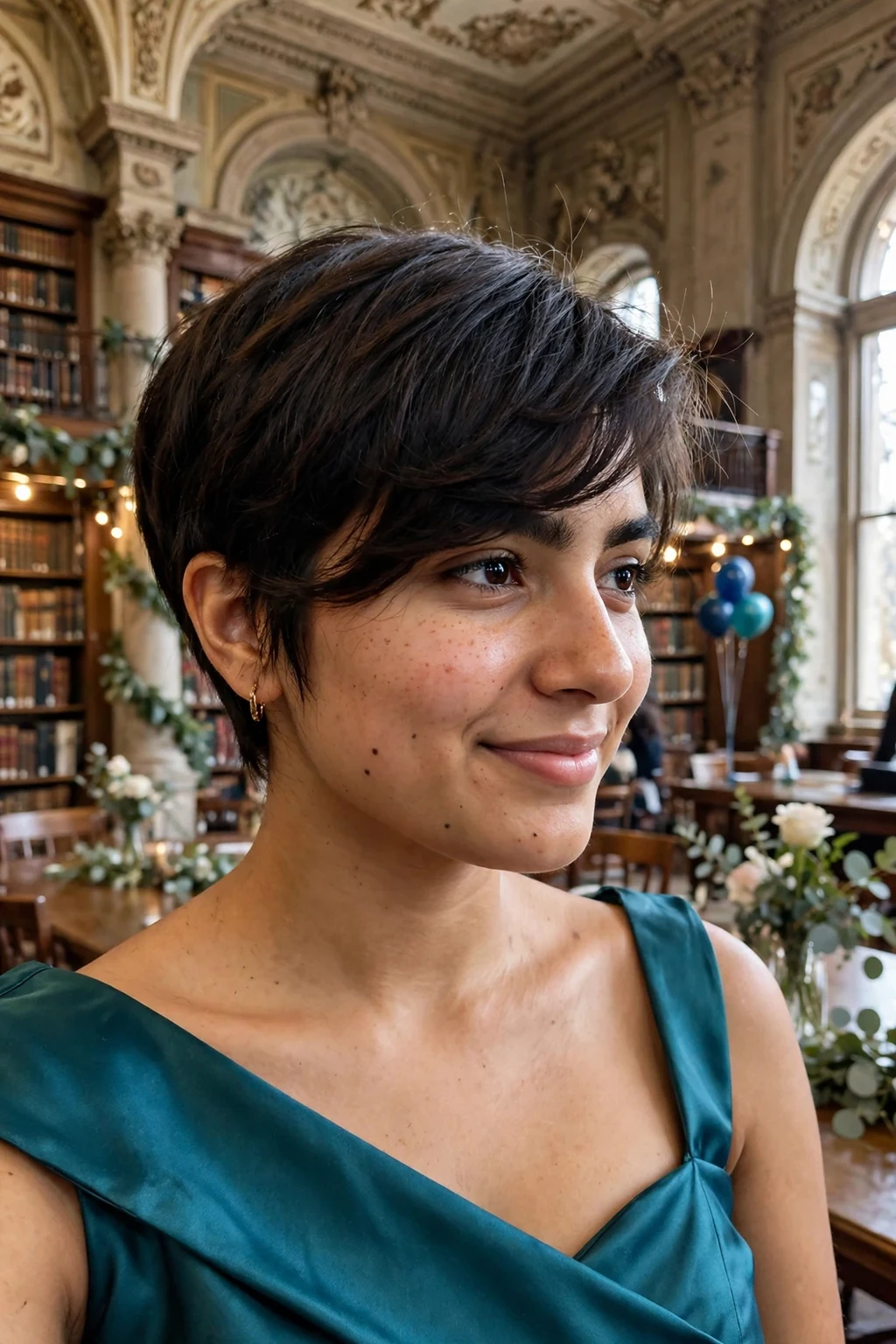 Young woman aged 18 to 20 with side-swept pixie hairstyle for prom, a historic library hall decorated for prom.