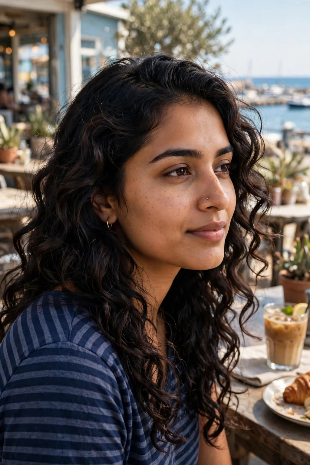 Young woman with side-swept spring waves over one shoulder, at a seaside cafe wearing a navy striped top.