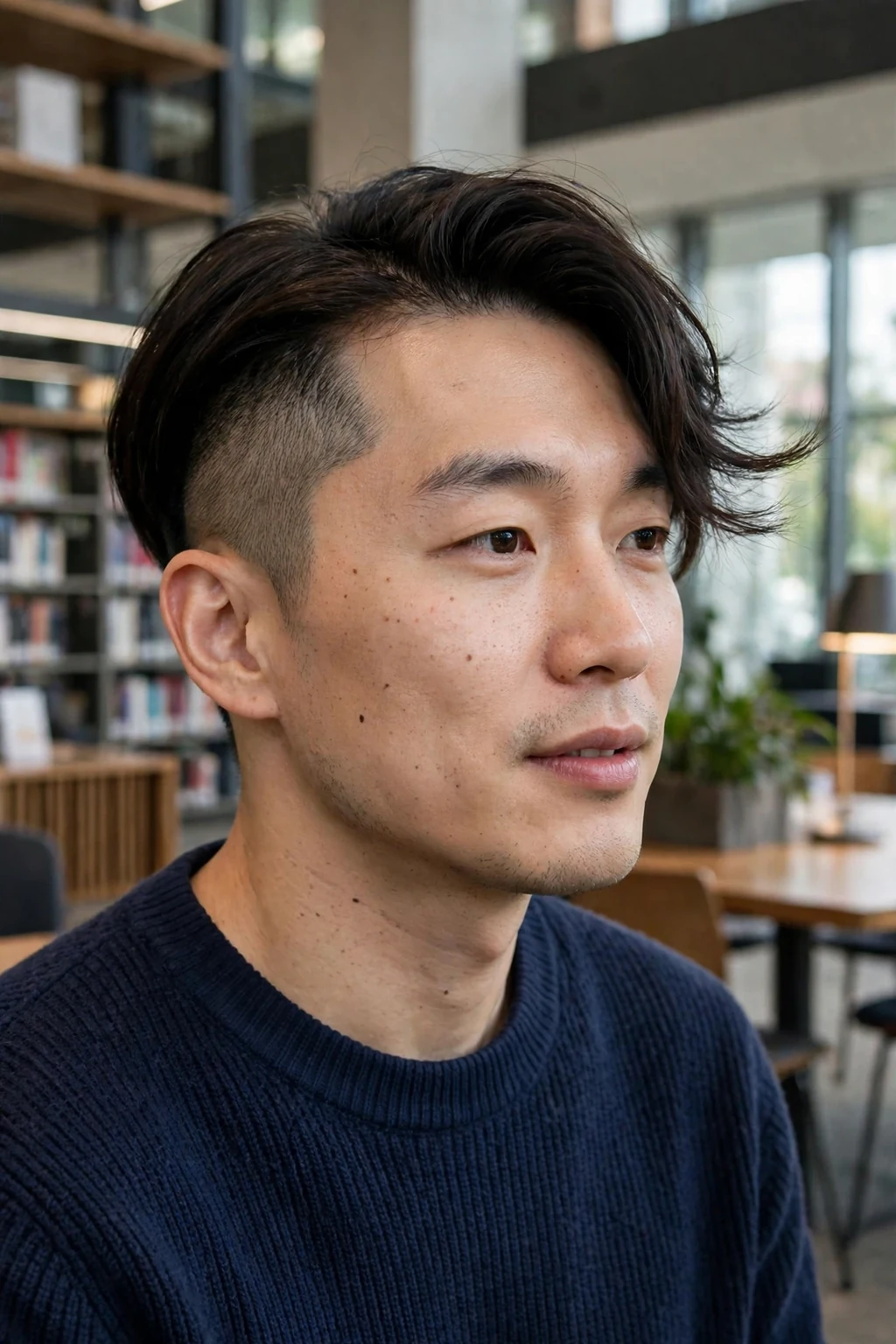 Young man with a side swept undercut for thick hair, wearing a navy sweater in a library.