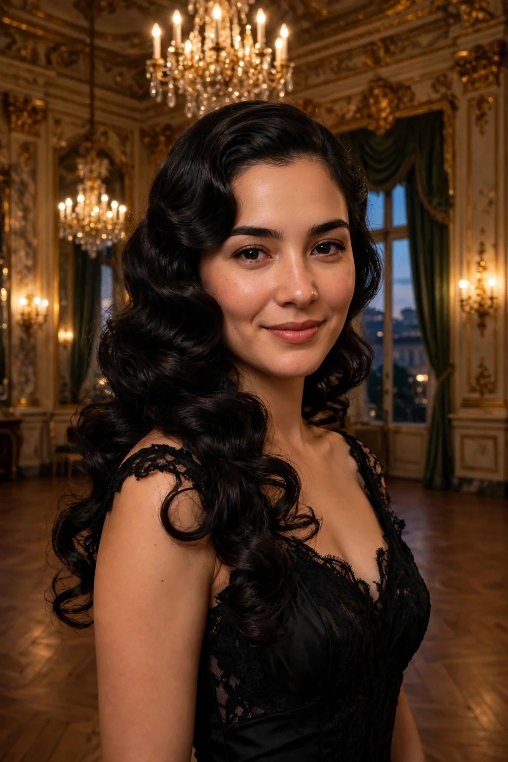 Young woman with side-swept vintage curls at a wedding, wearing a black evening dress.