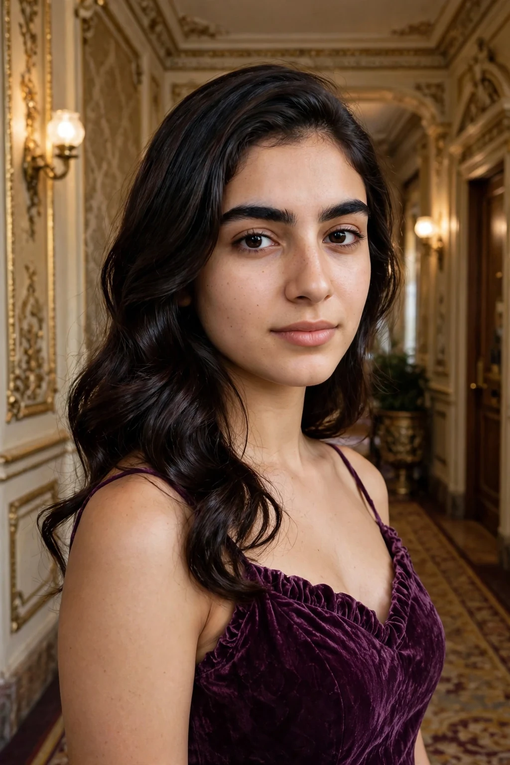 Young woman aged 19 with side swept waves prom hairstyle for medium length hair, elegant formal look.