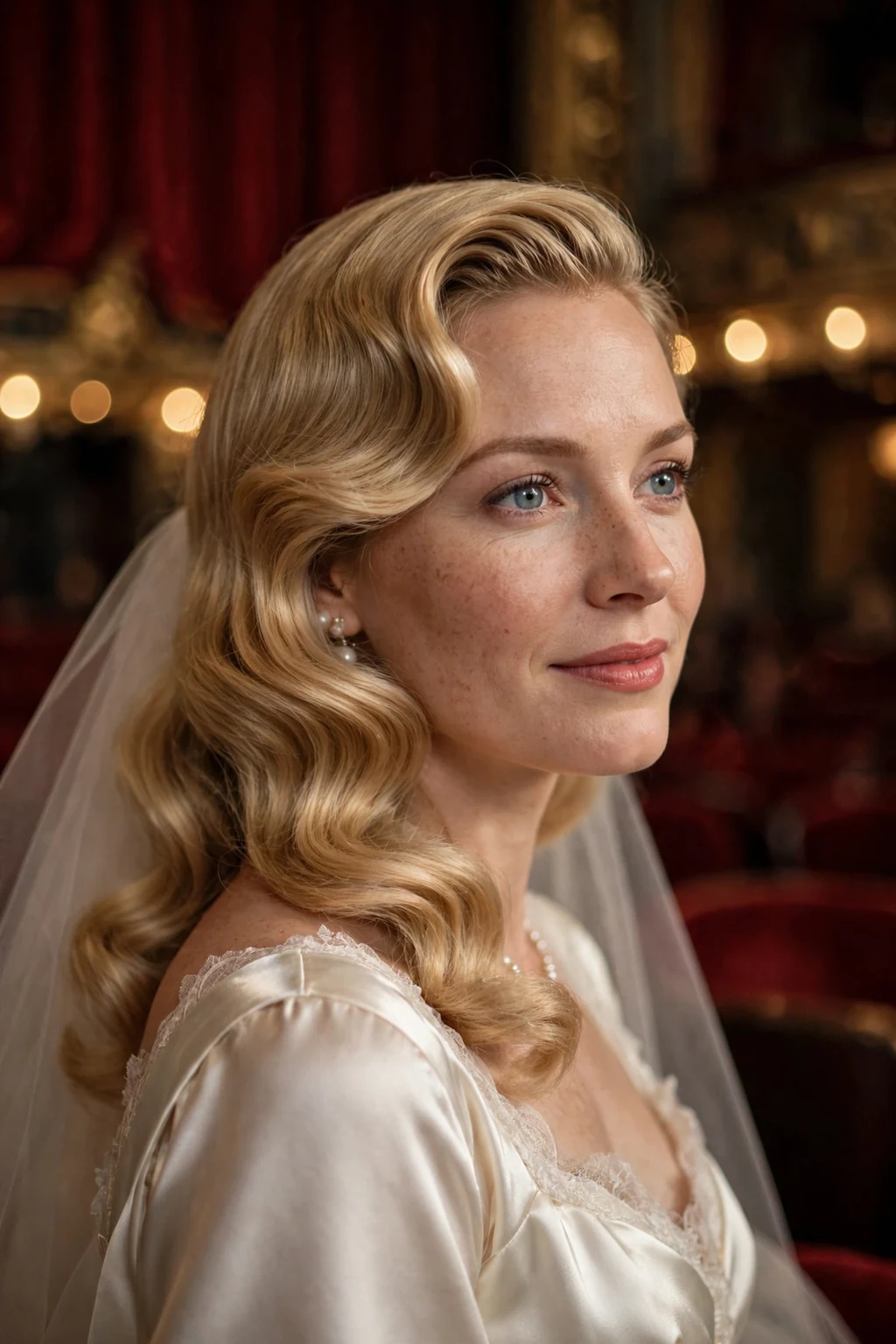 Beautiful bride with side-swept waves, glamorous side-swept waves, old Hollywood light.
