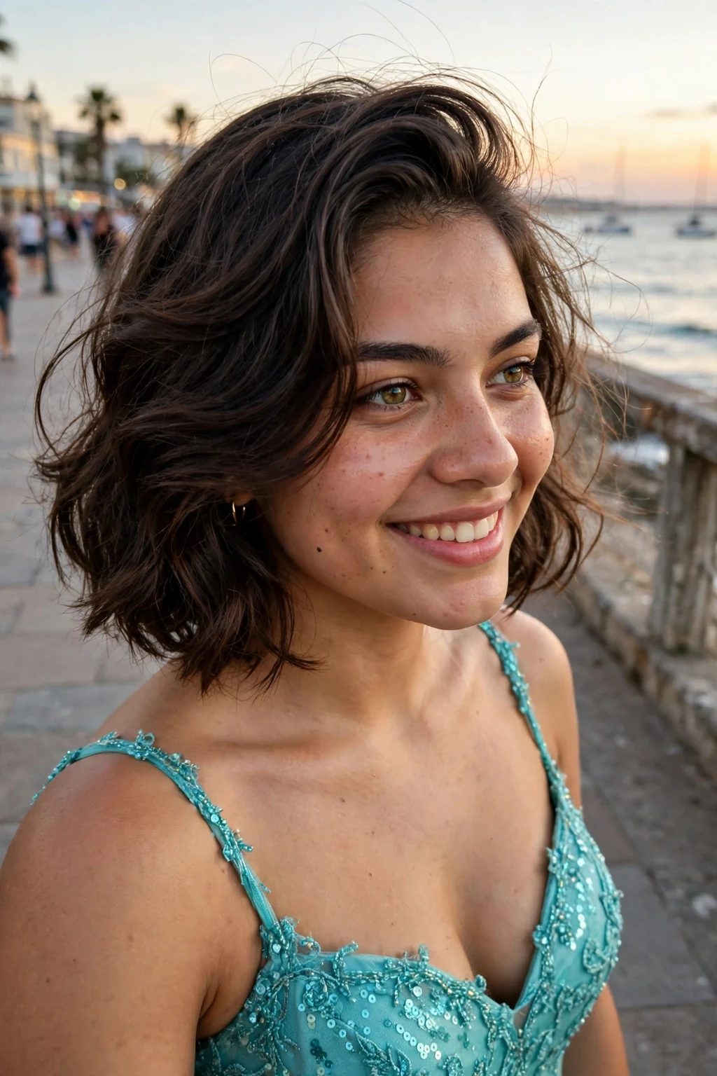 Young woman aged 18 to 20 with side-swept wavy bob hairstyle for prom, a seaside promenade at sunset.