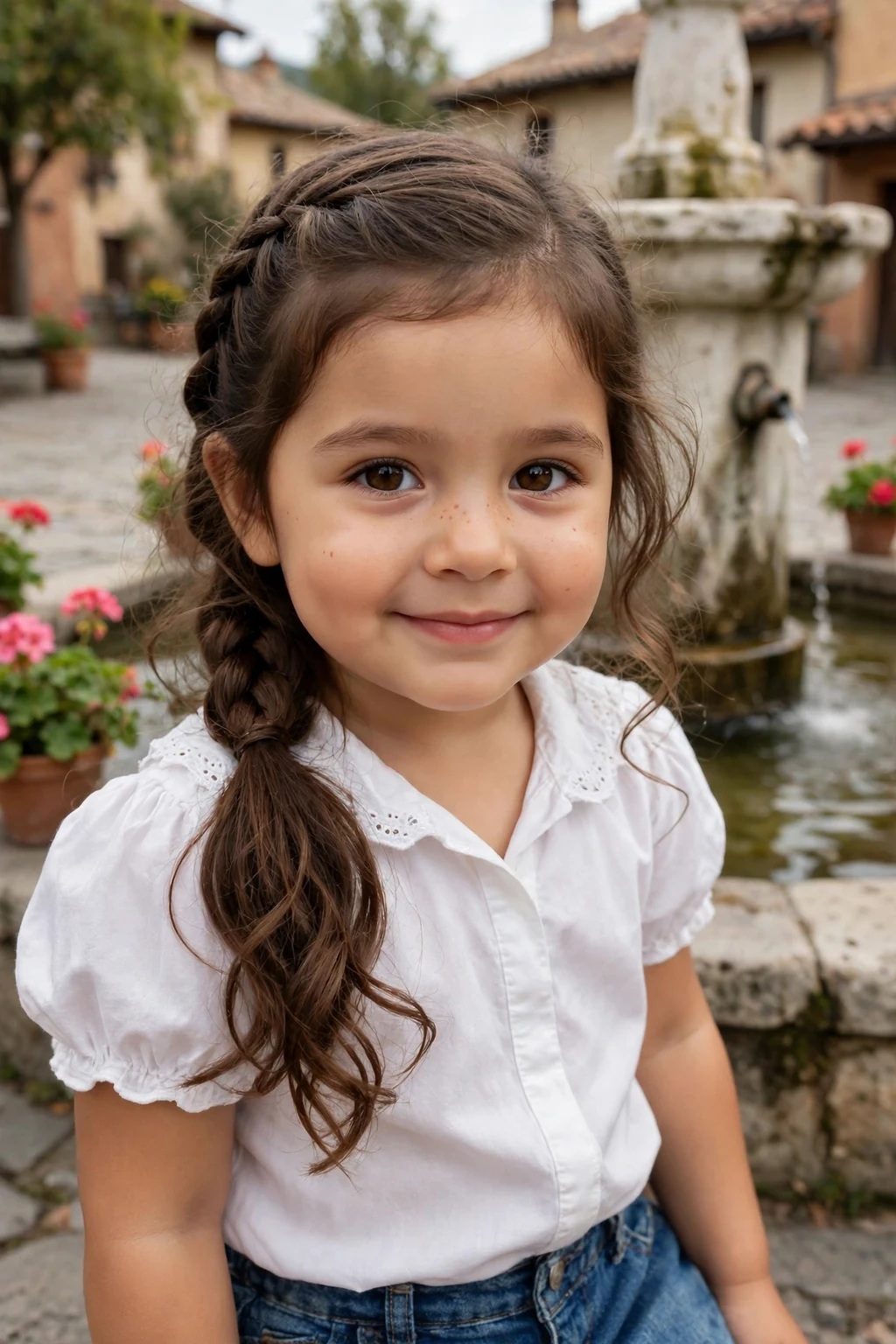 A toddler girl with side braid ponytail hairstyle, wearing white blouse and denim skirt, in village square fountain.