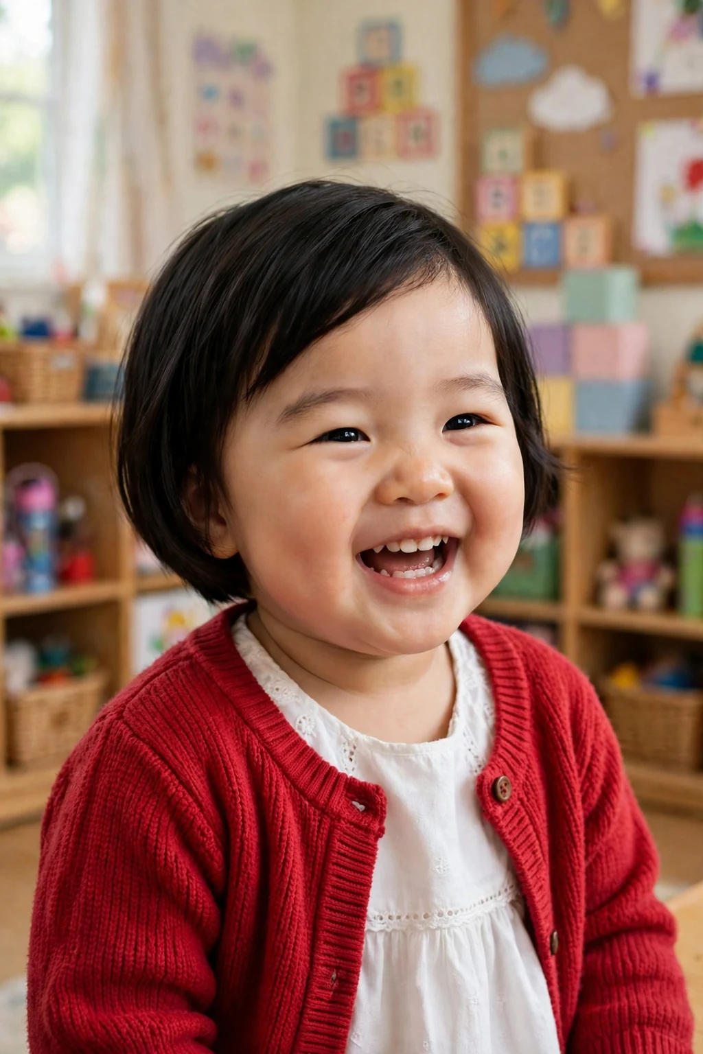 A toddler girl with side part bob hairstyle, wearing red cardigan over white dress, in preschool classroom.