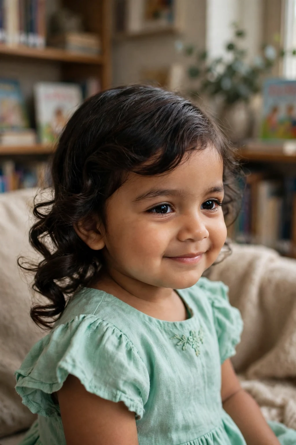 A toddler girl with side swept curls hairstyle, wearing mint green dress, in library reading corner with books.
