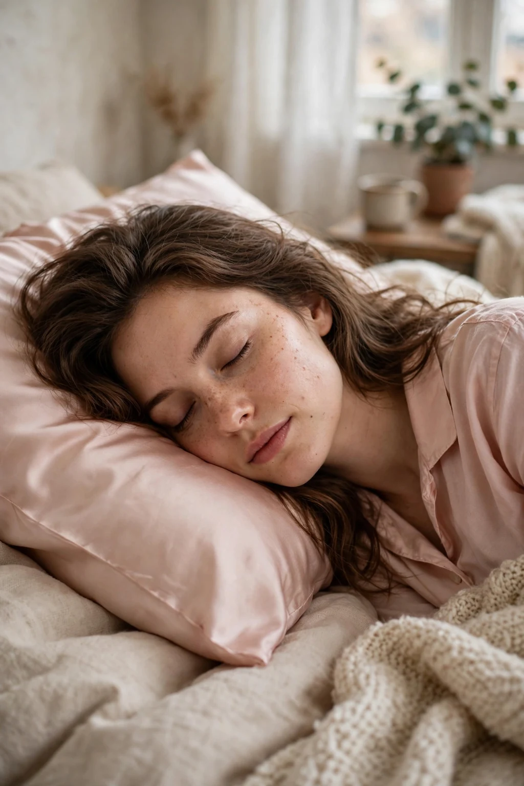 A young woman with smooth wavy hair sleeping peacefully on a silk pillowcase in a cozy bedroom.