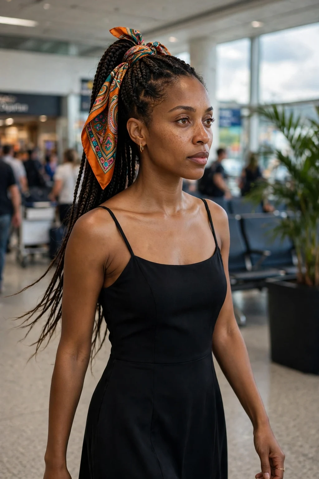 Young woman with a silk scarf ponytail hairstyle in an airport, wearing a black dress with a colorful scarf.