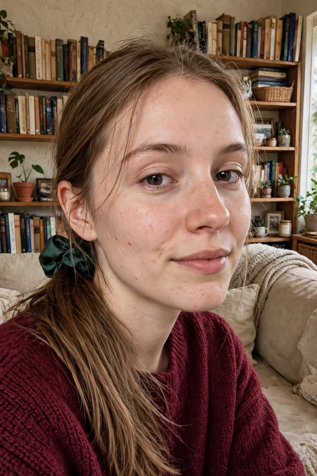 A young woman with fine straight light brown hair in a loose low ponytail tied with a dark green silk scrunchie in a cozy living room.