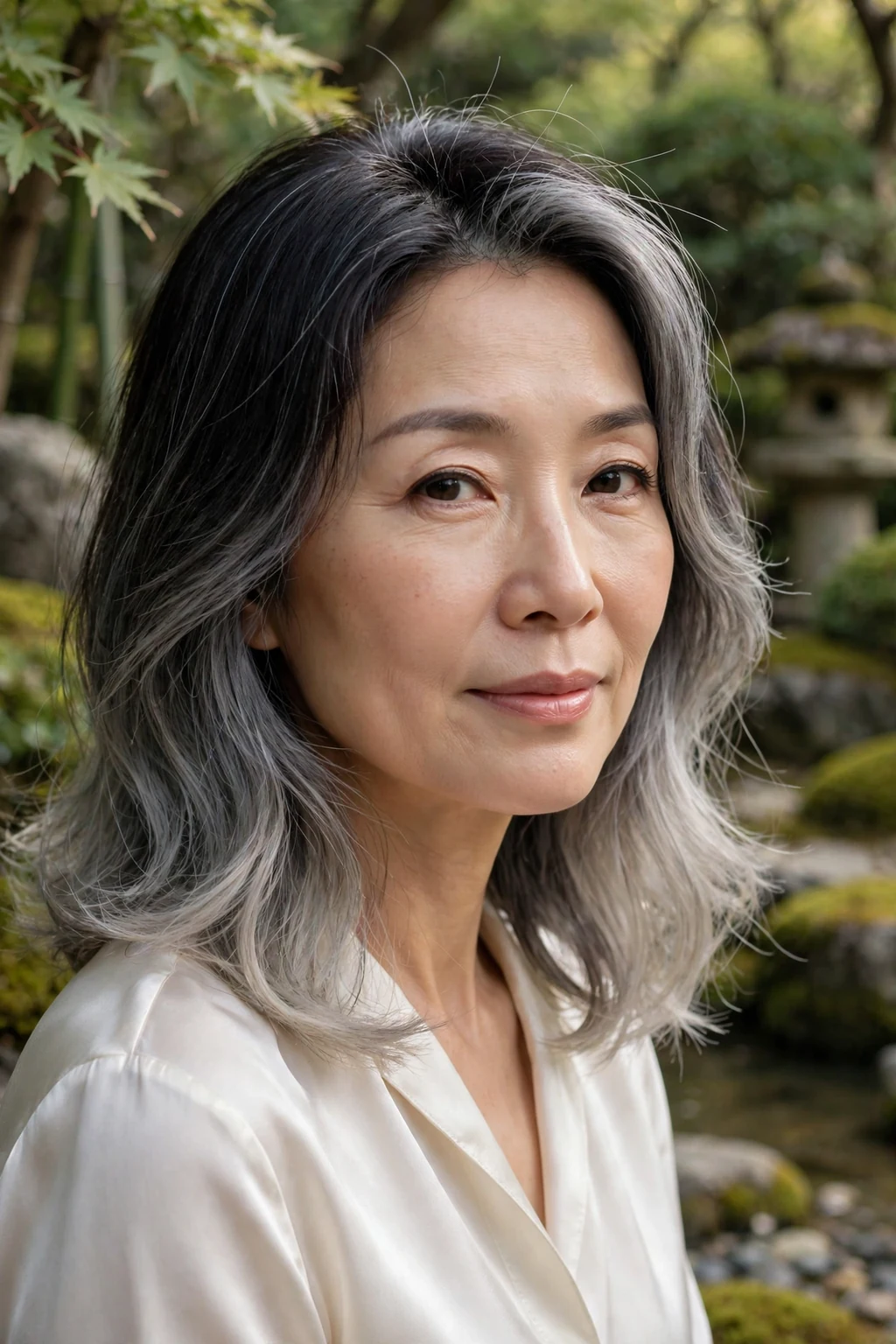 Beautiful woman with dark hair and silver ash ombre, silver ash gradual fade, elegant light.