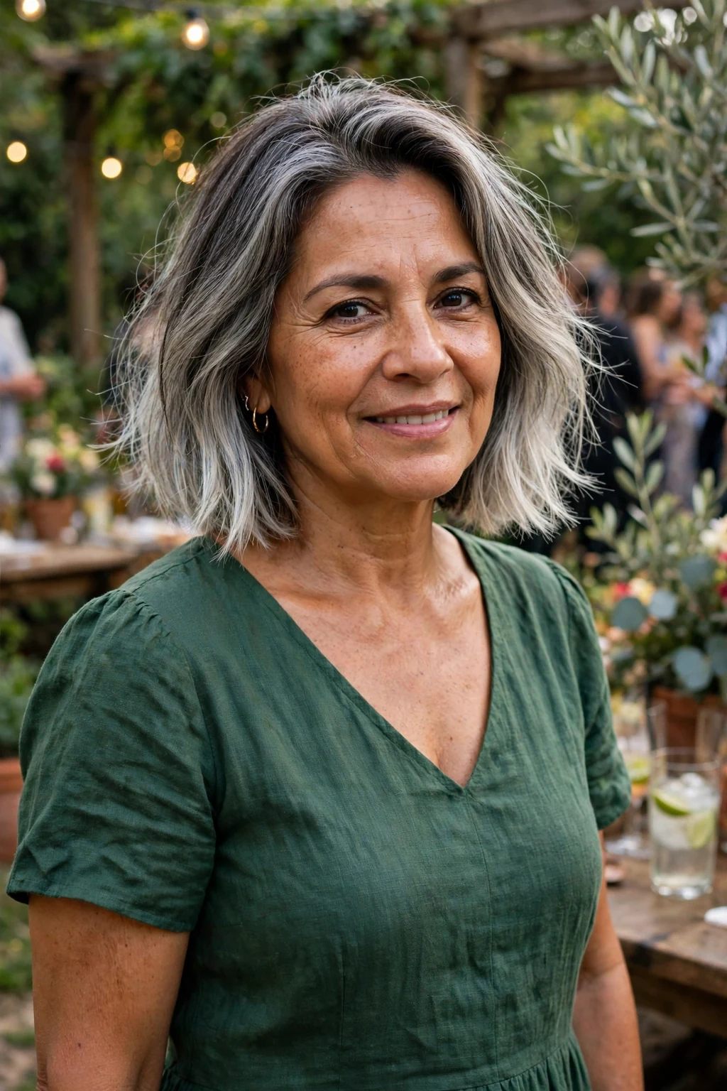 A mature Hispanic woman in her fifties with a silver balayage gray bob, wearing a forest-green dress in a garden party.