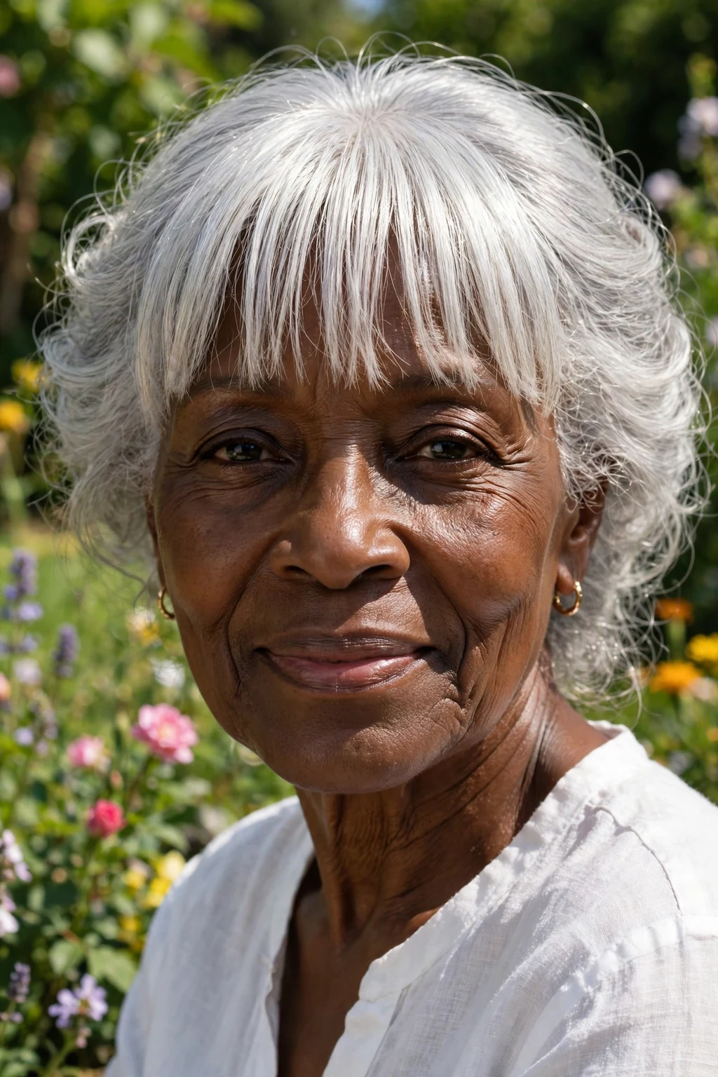 Beautiful older woman with silver bangs, luminous silver bangs, radiant light.