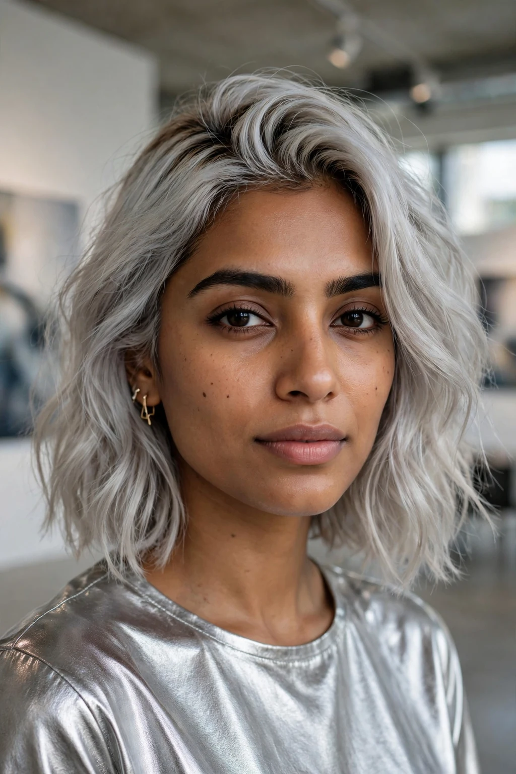 Beautiful woman with silver blonde, cool silver blonde tones, modern light.