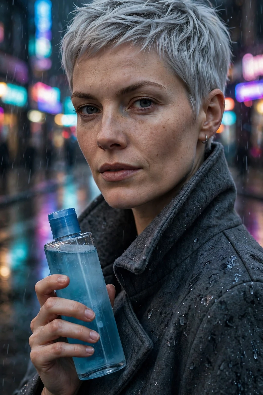 Young Caucasian woman in her early 30s with a silver pixie cut carrying an icy-blue toner, wearing a charcoal coat on a rainy city street.