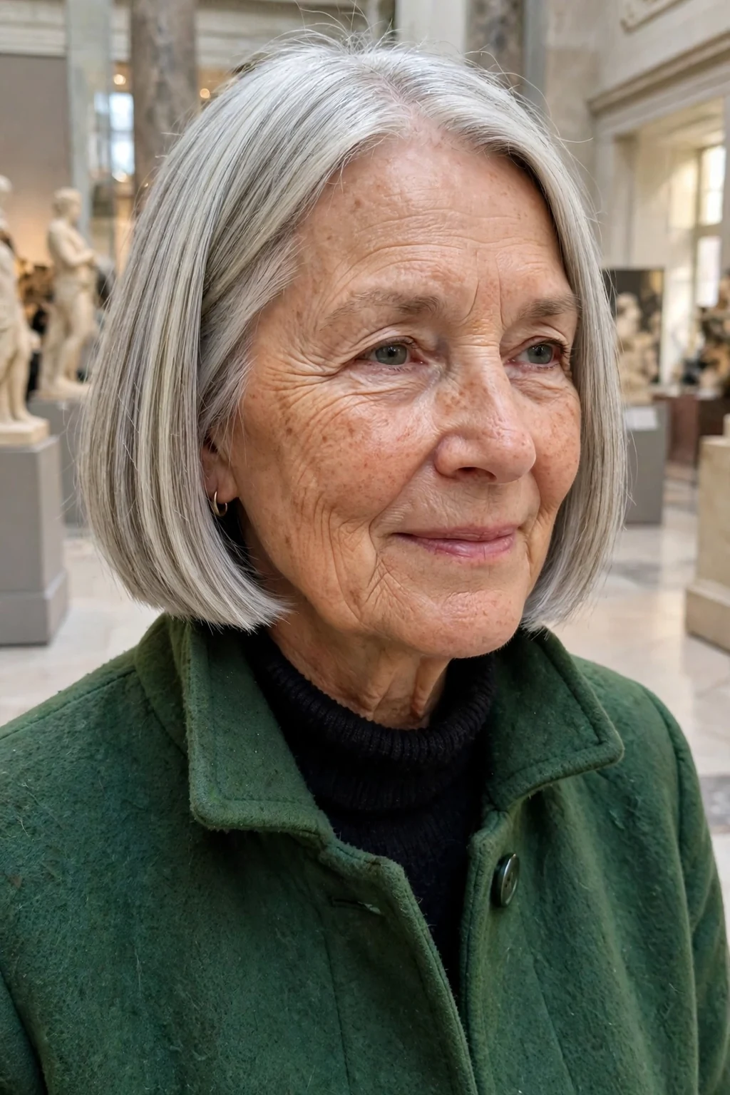 A mature Scandinavian woman in her sixties with a silver blunt bob, wearing a forest-green coat in a museum.