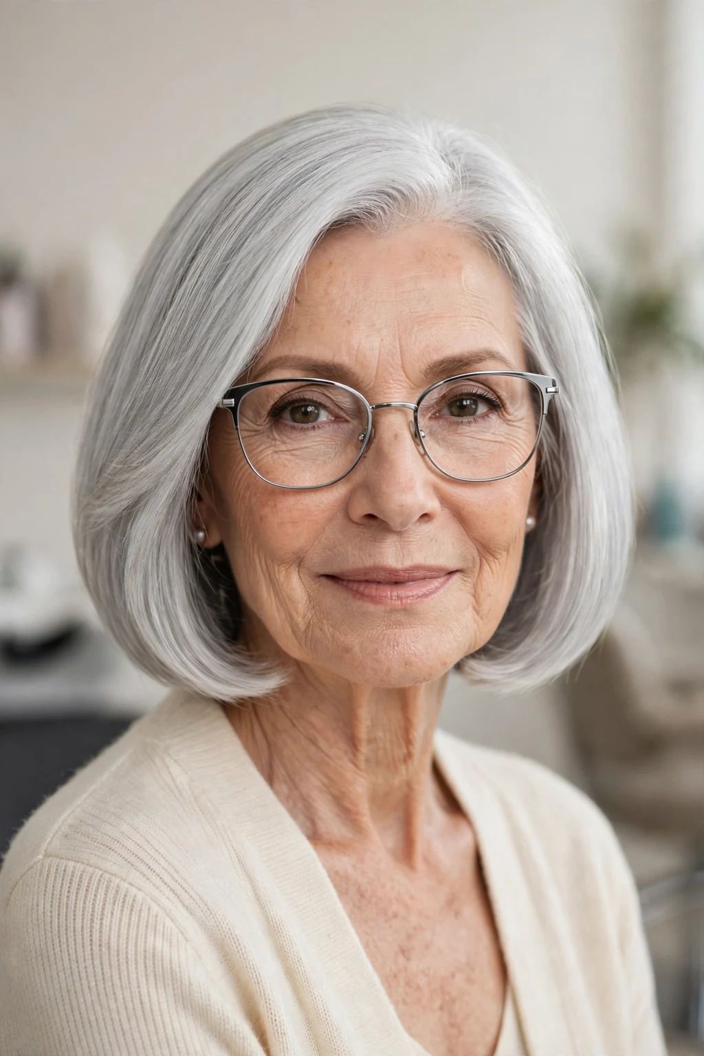 Elegant woman over 60 with glasses and silver bob, luminous gray shine, glamorous light.