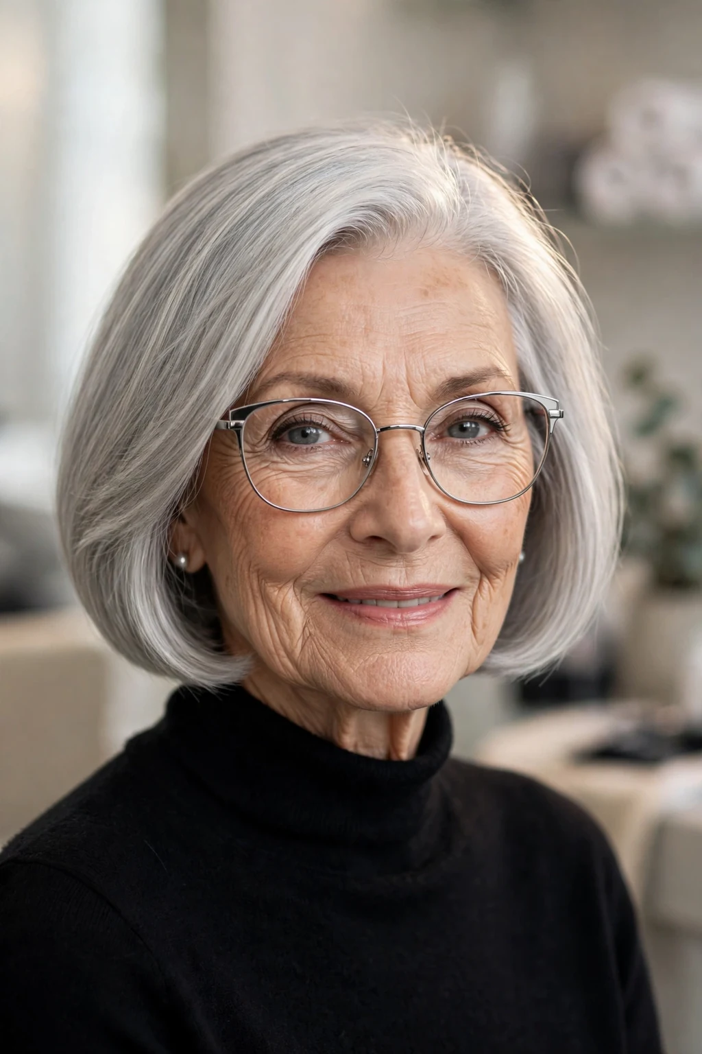 Elegant woman over 70 with glasses and silver bob, luminous gray shine, glamorous light.