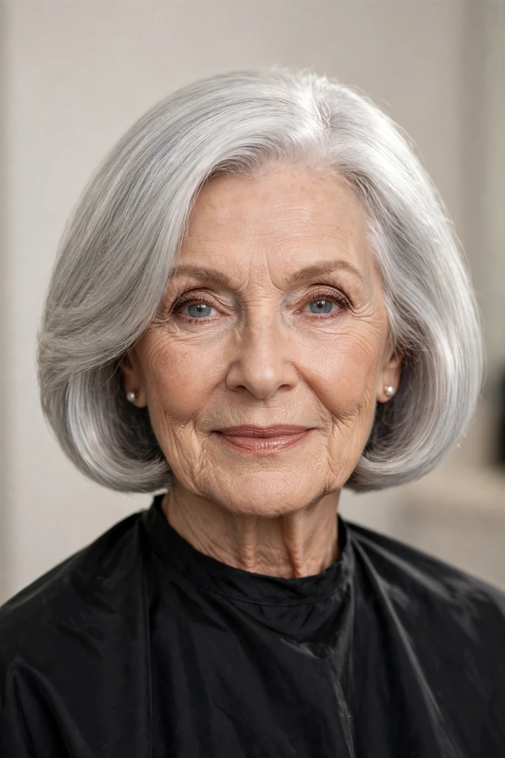 Elegant woman over 70 with silver bob, luminous gray shine, glamorous light.