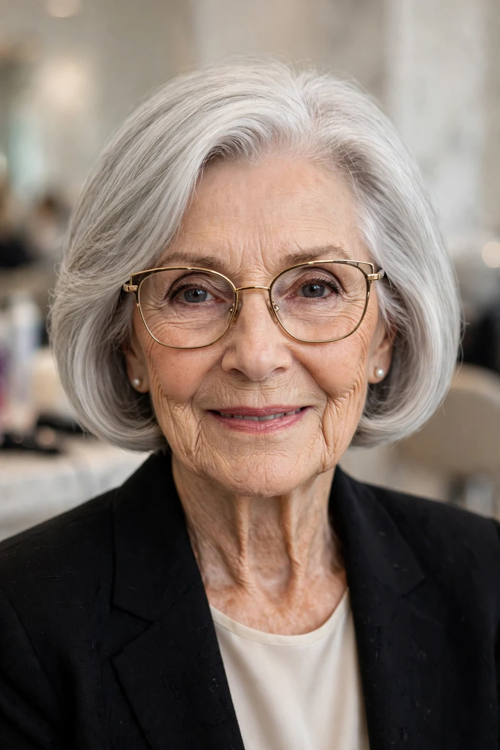 Elegant woman over 80 with glasses and silver bob, luminous gray shine, glamorous light.