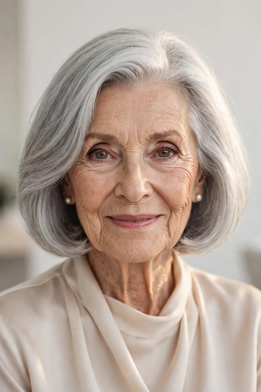 Elegant woman over 80 with silver bob, luminous gray shine, glamorous light.