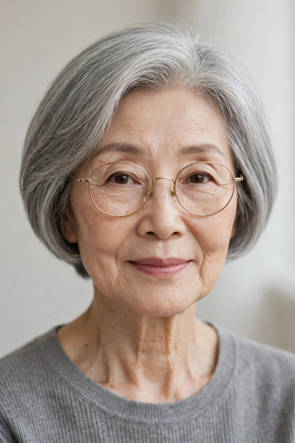 Elegant woman over 50 with fine hair and glasses and silver bob, luminous gray crop, chic light.