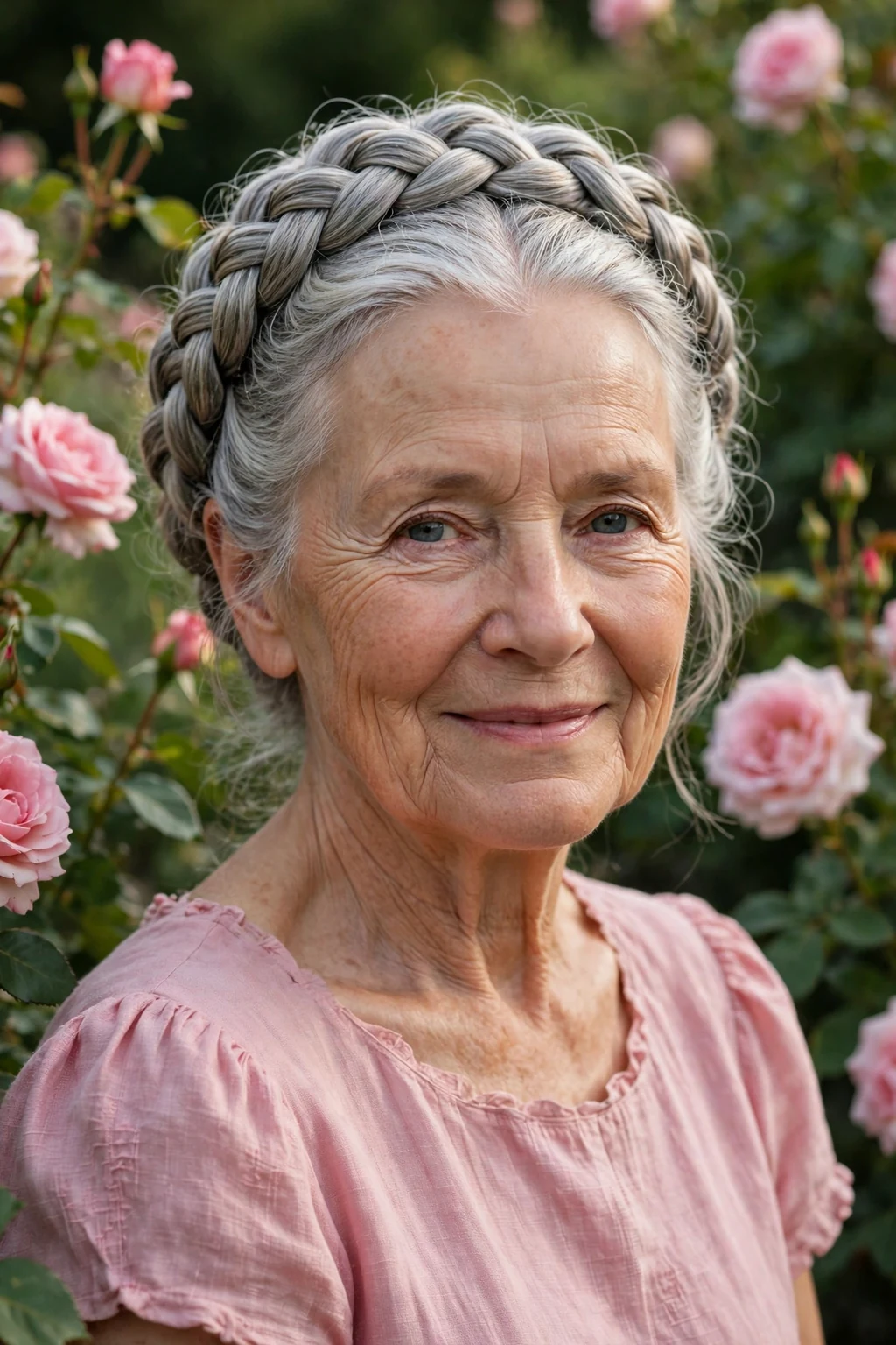 Romantic woman over seventy with a silver braided crown updo.
