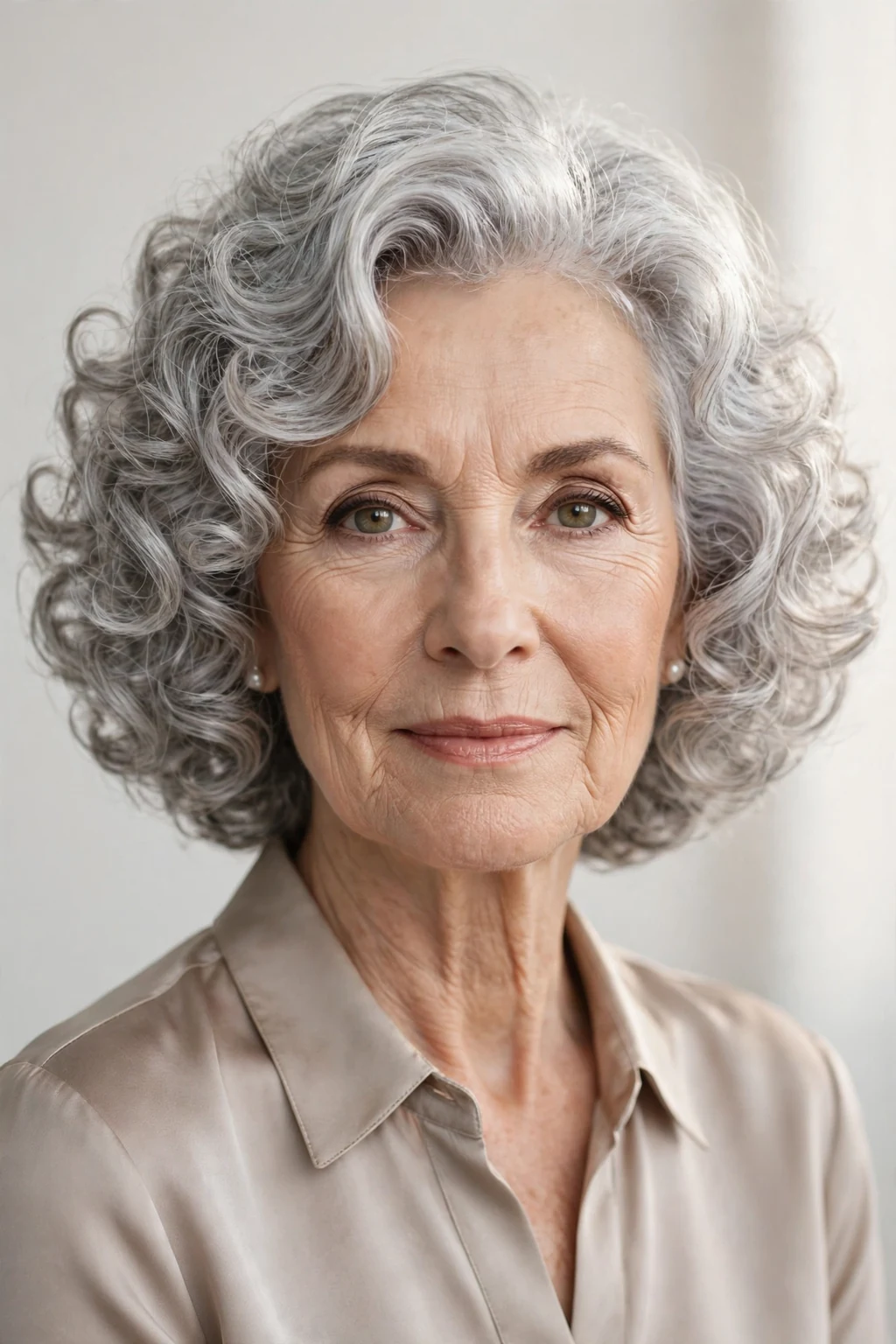 Elegant woman over 60 with silver curly bob, luminous gray curls, glamorous light.