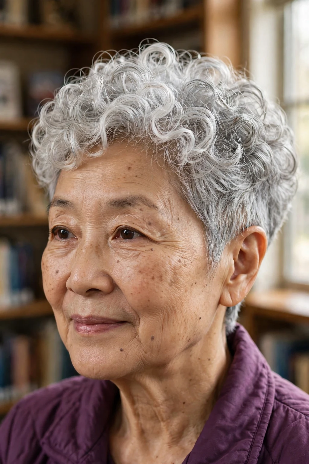 A woman in her early 70s with a silver curly pixie cut, wearing a plum jacket in a library.