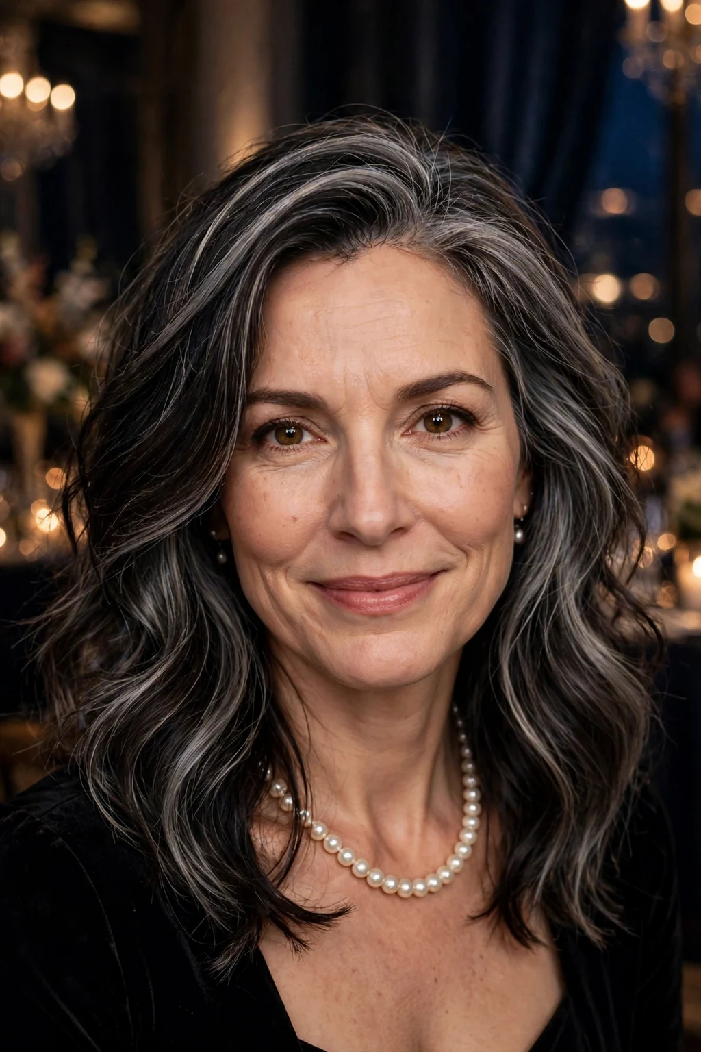 Beautiful woman with dark hair and silver dimension, multi-tonal silver depth, luminous light.