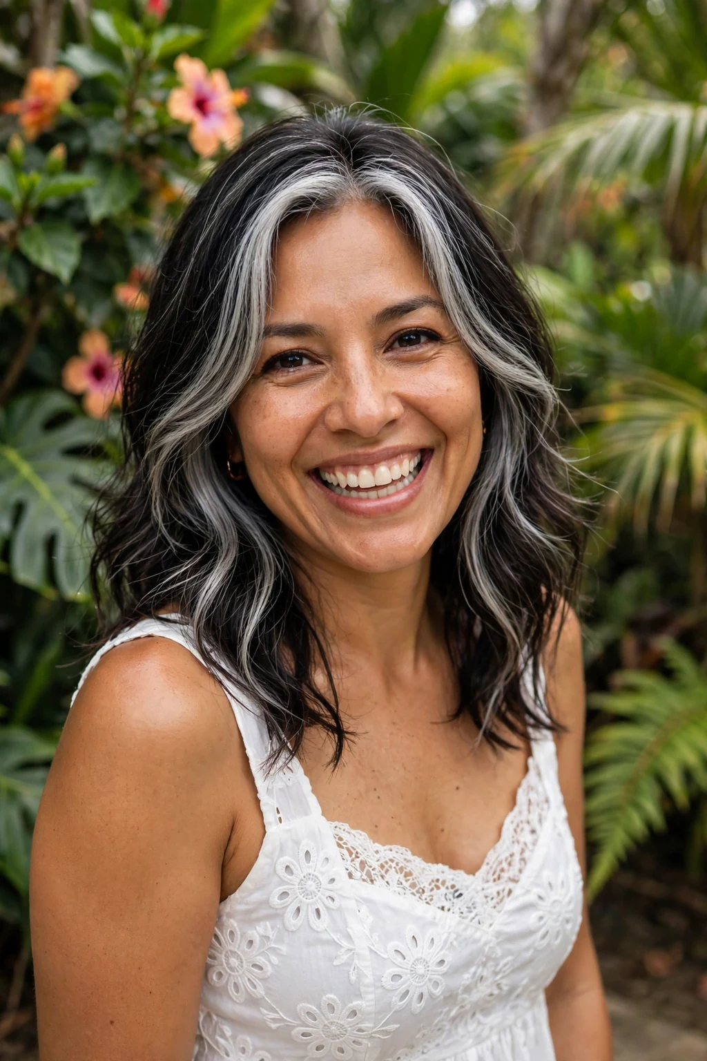 Beautiful woman with dark hair and silver face-framing, bright silver around face, flattering light.