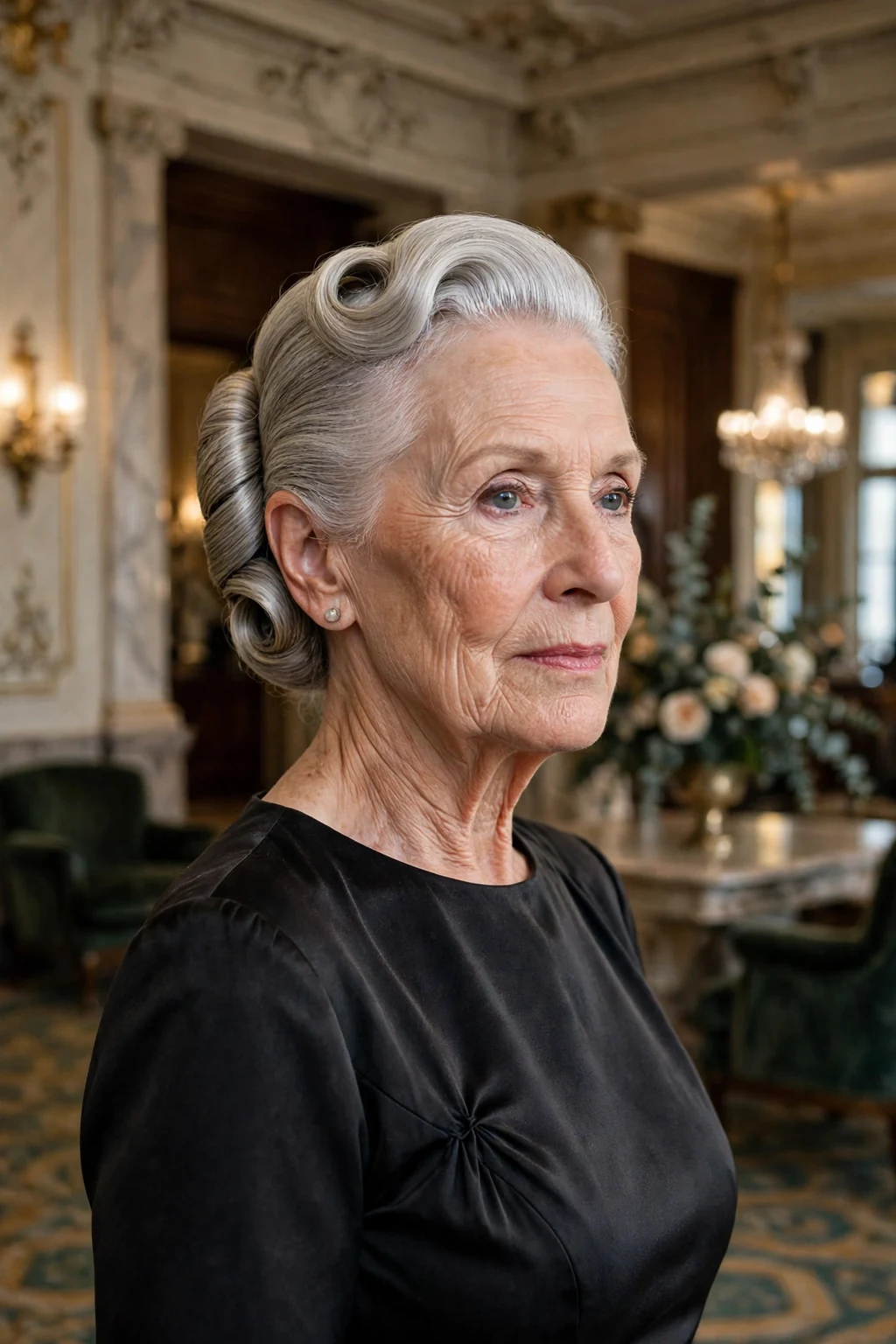 Sophisticated woman over seventy with a sleek silver French twist.