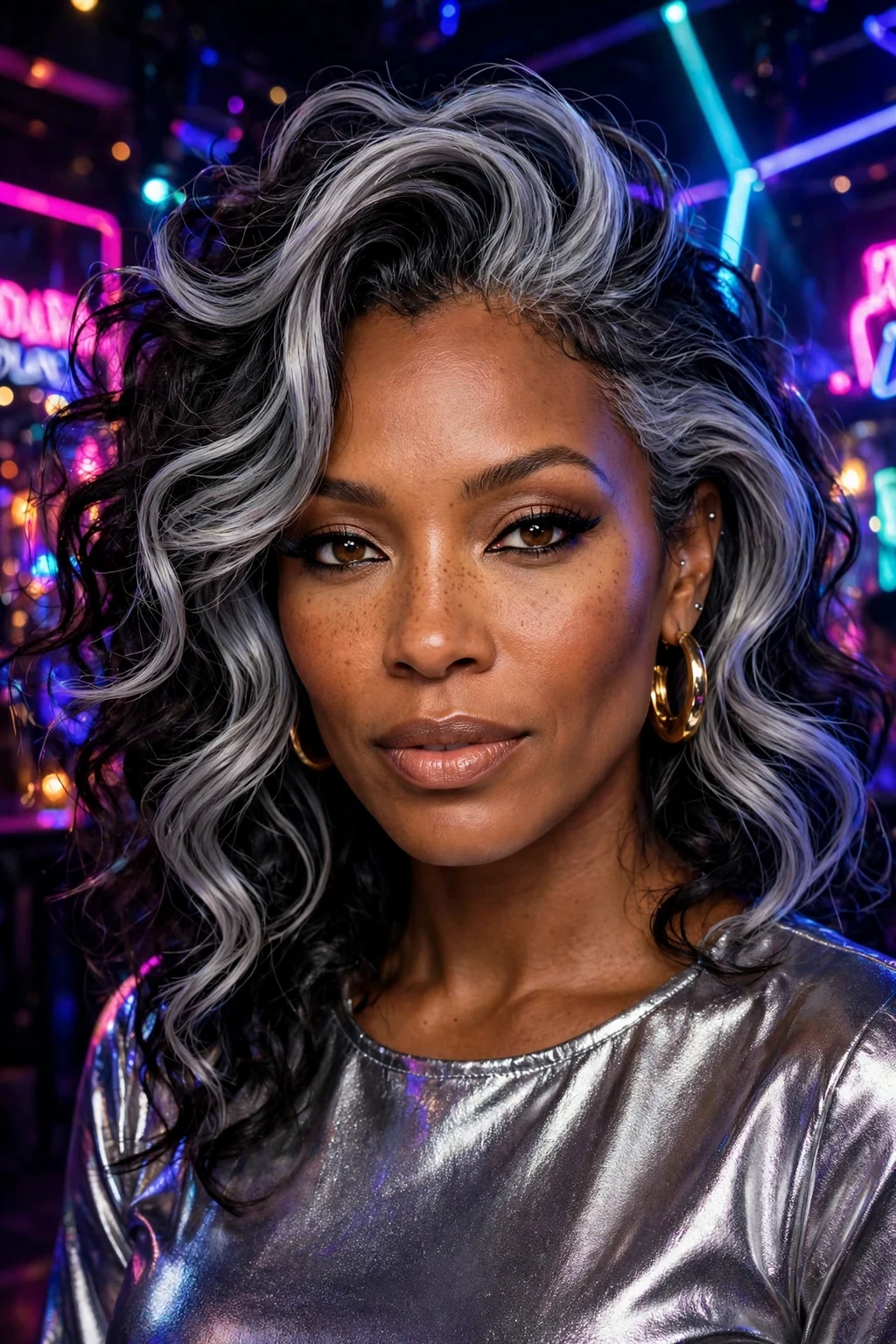 Beautiful woman with dark hair and silver gray balayage, bold silver balayage, striking light.