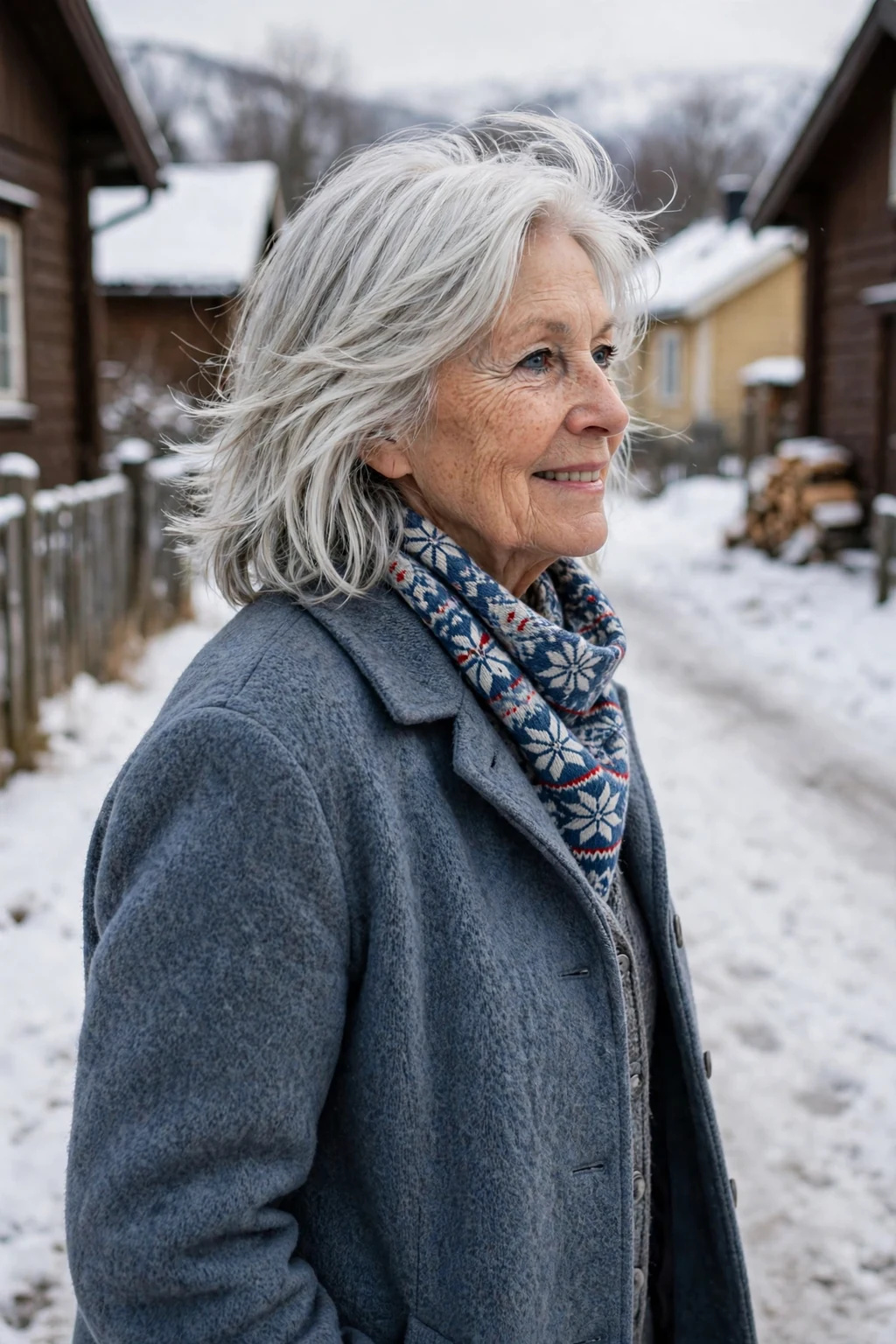 Mature Scandinavian woman in her mid-seventies with a silver layered haircut, wearing a grey-blue coat on a snowy village lane.