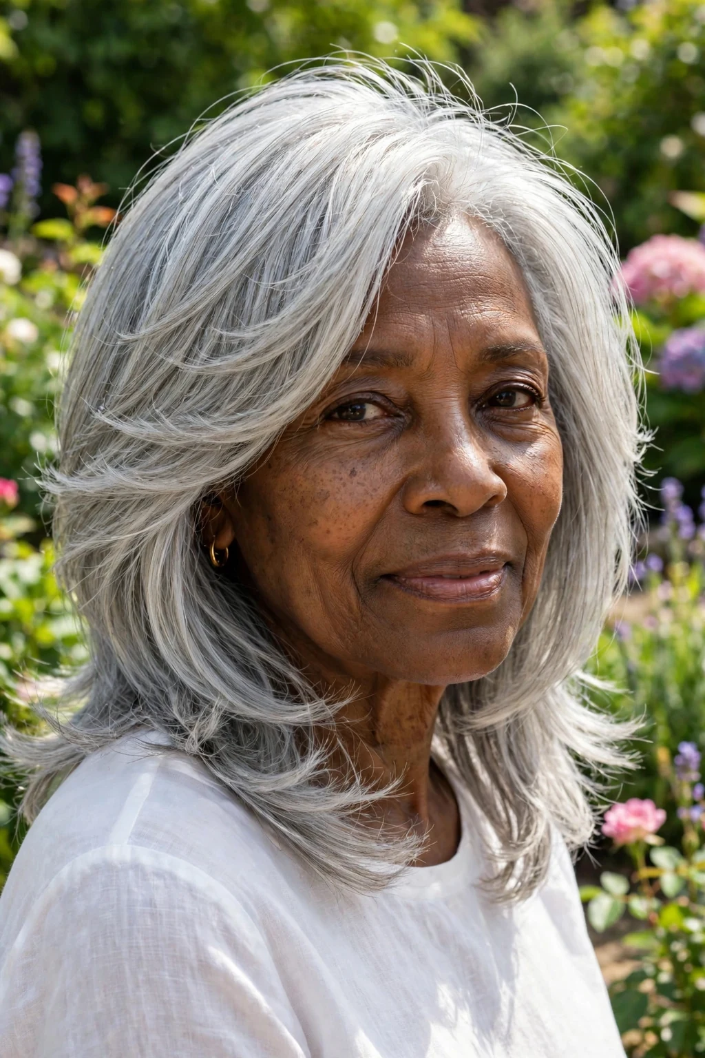 Beautiful older woman with silver layers, luminous silver layers, radiant light.