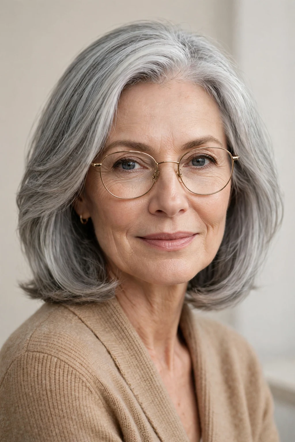 Elegant woman over 50 with glasses and silver lob, luminous gray medium length, chic light.