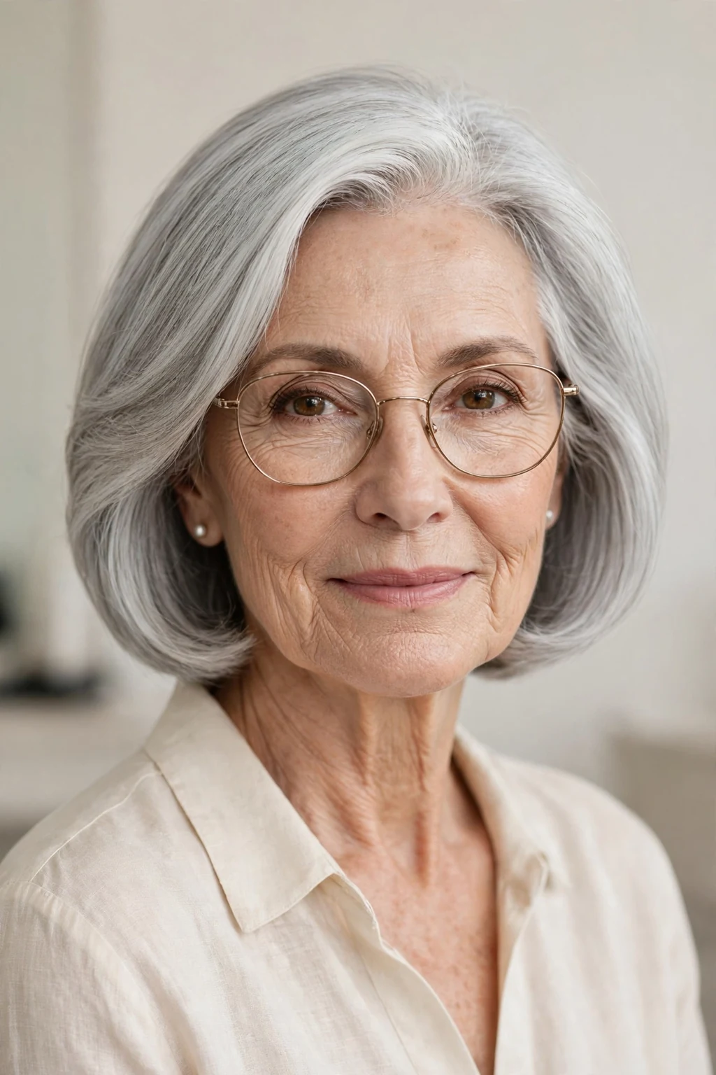 Elegant woman over 60 with glasses and silver lob, luminous gray medium length, chic light.