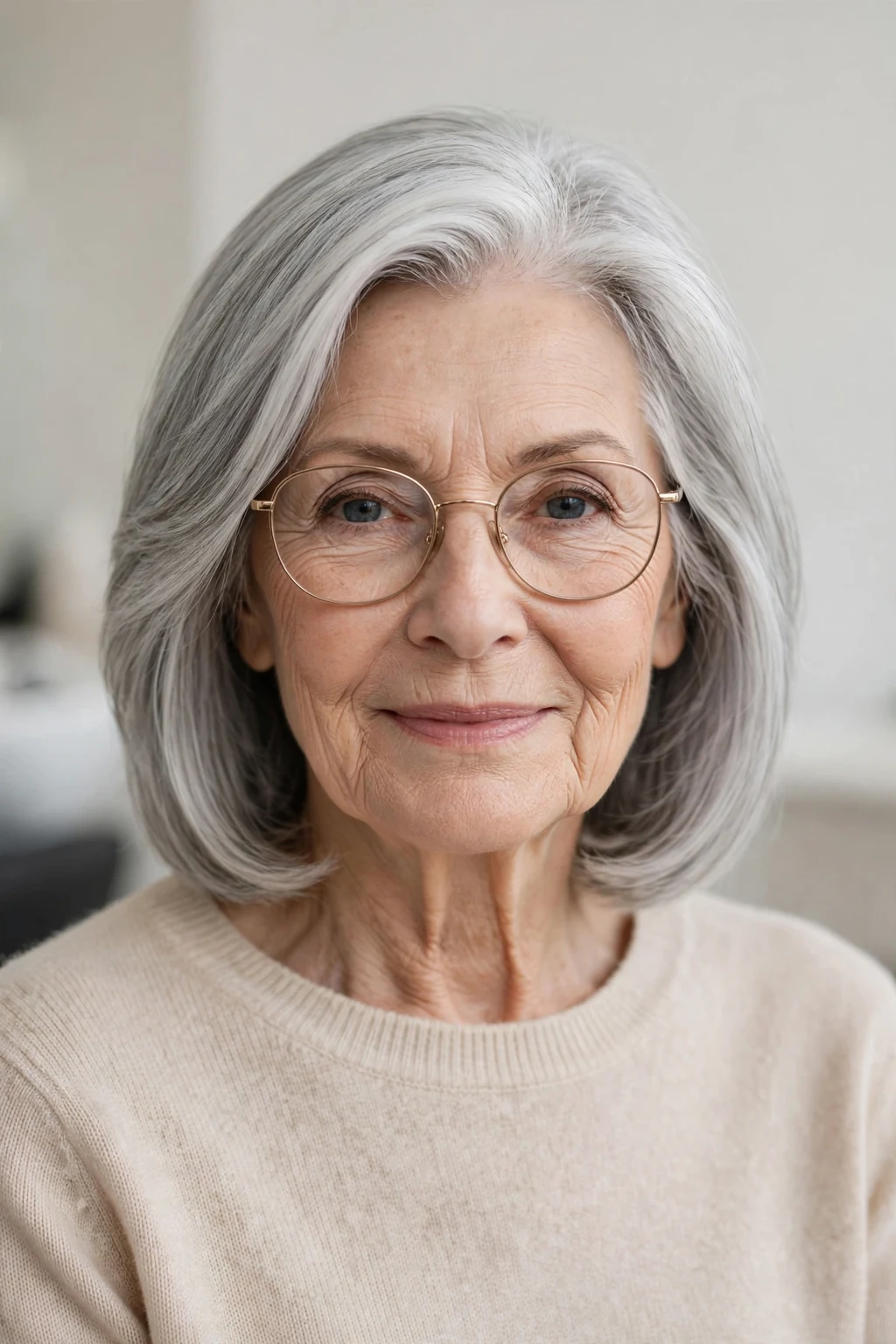 Elegant woman over 70 with glasses and silver lob, luminous gray medium length, chic light.