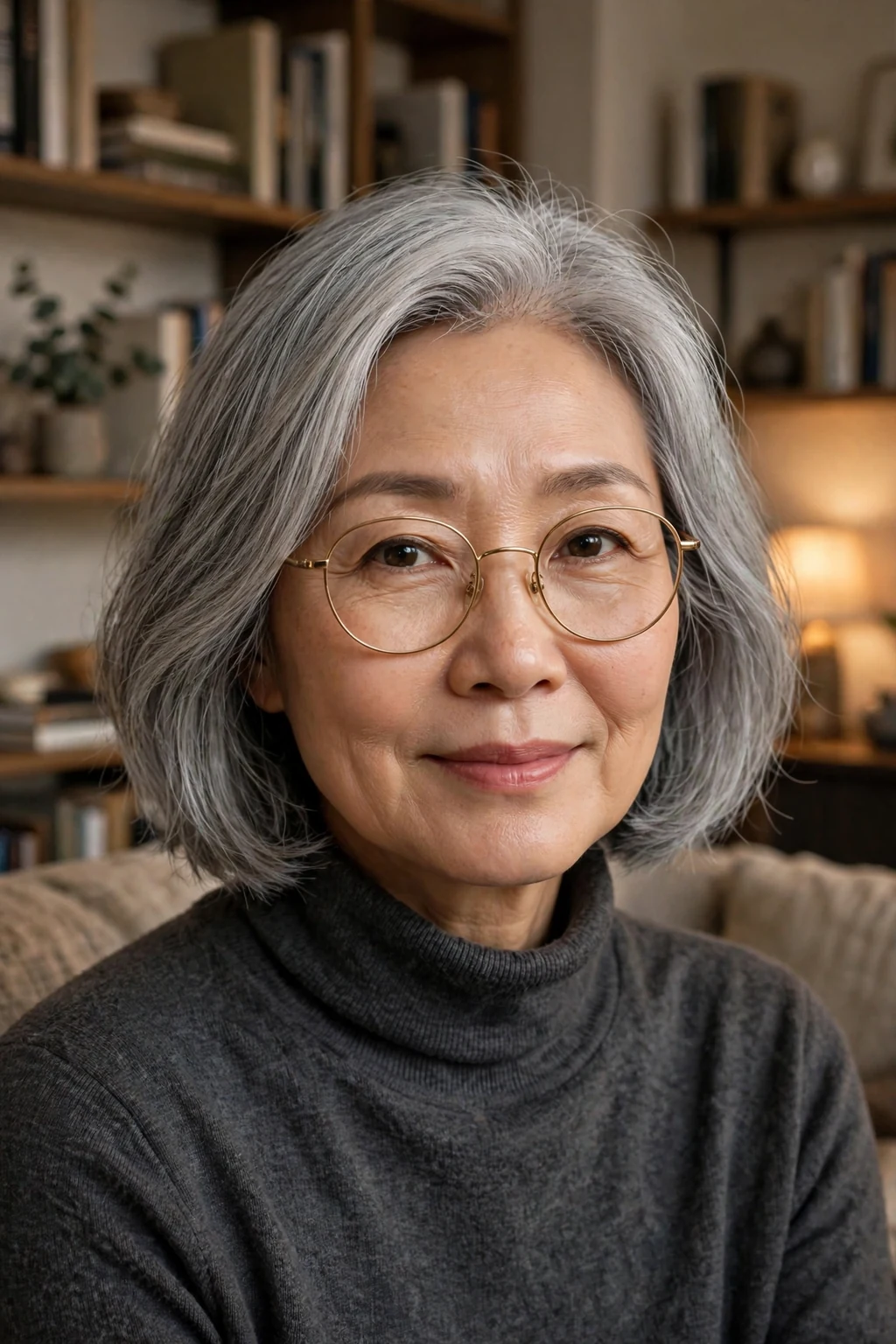 Elegant older woman over 50 with fine hair and glasses and silver lob, luminous gray medium length, chic light.