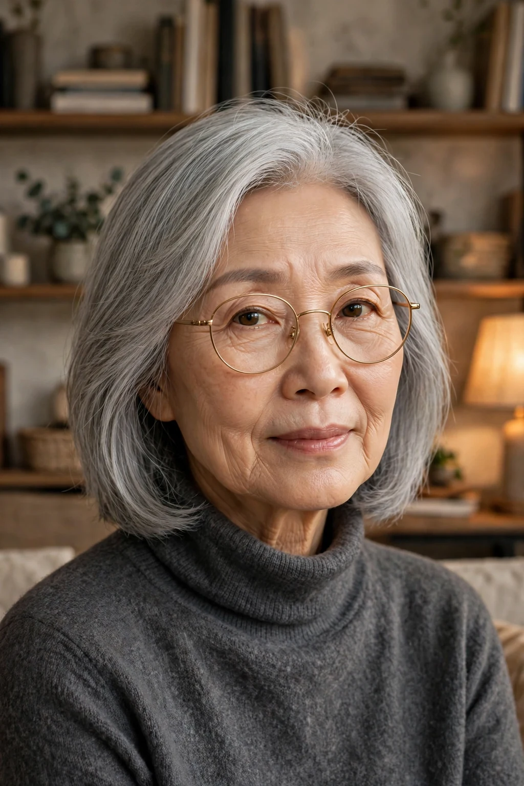 Elegant woman over 60 with fine hair and glasses and silver lob, luminous gray medium length, chic light.