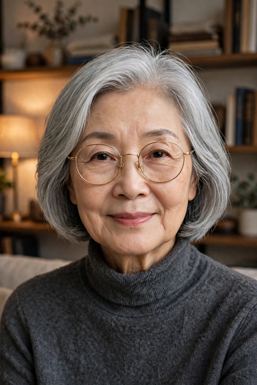 Elegant older woman over 70 with fine hair and glasses and silver lob, luminous gray medium length, chic light.