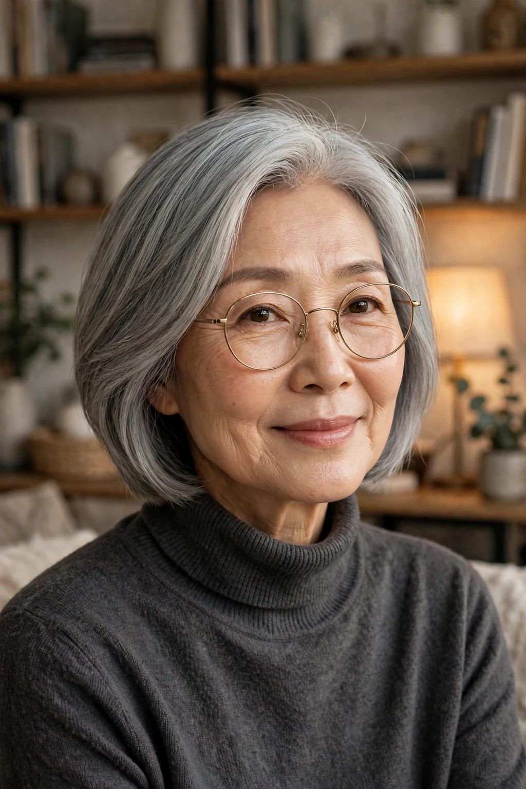 Elegant woman over 60 with fine hair and glasses and silver lob, luminous gray medium length, chic light.