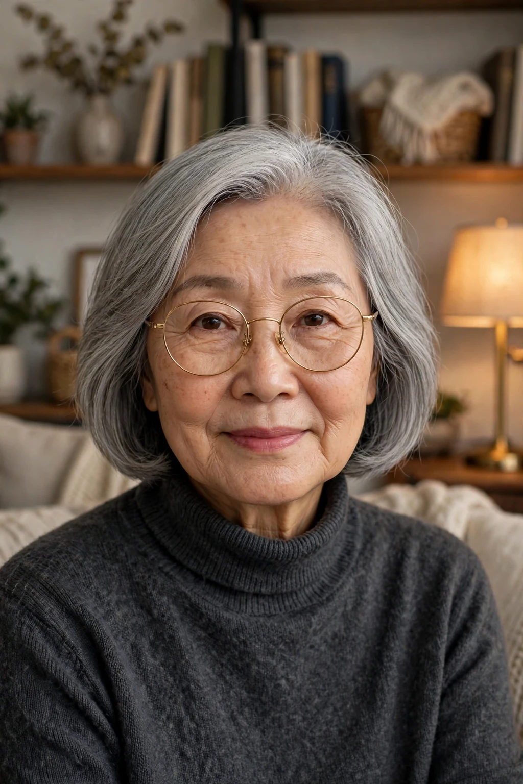 Elegant woman over 60 with fine hair and glasses and silver lob, luminous gray medium length, chic light.